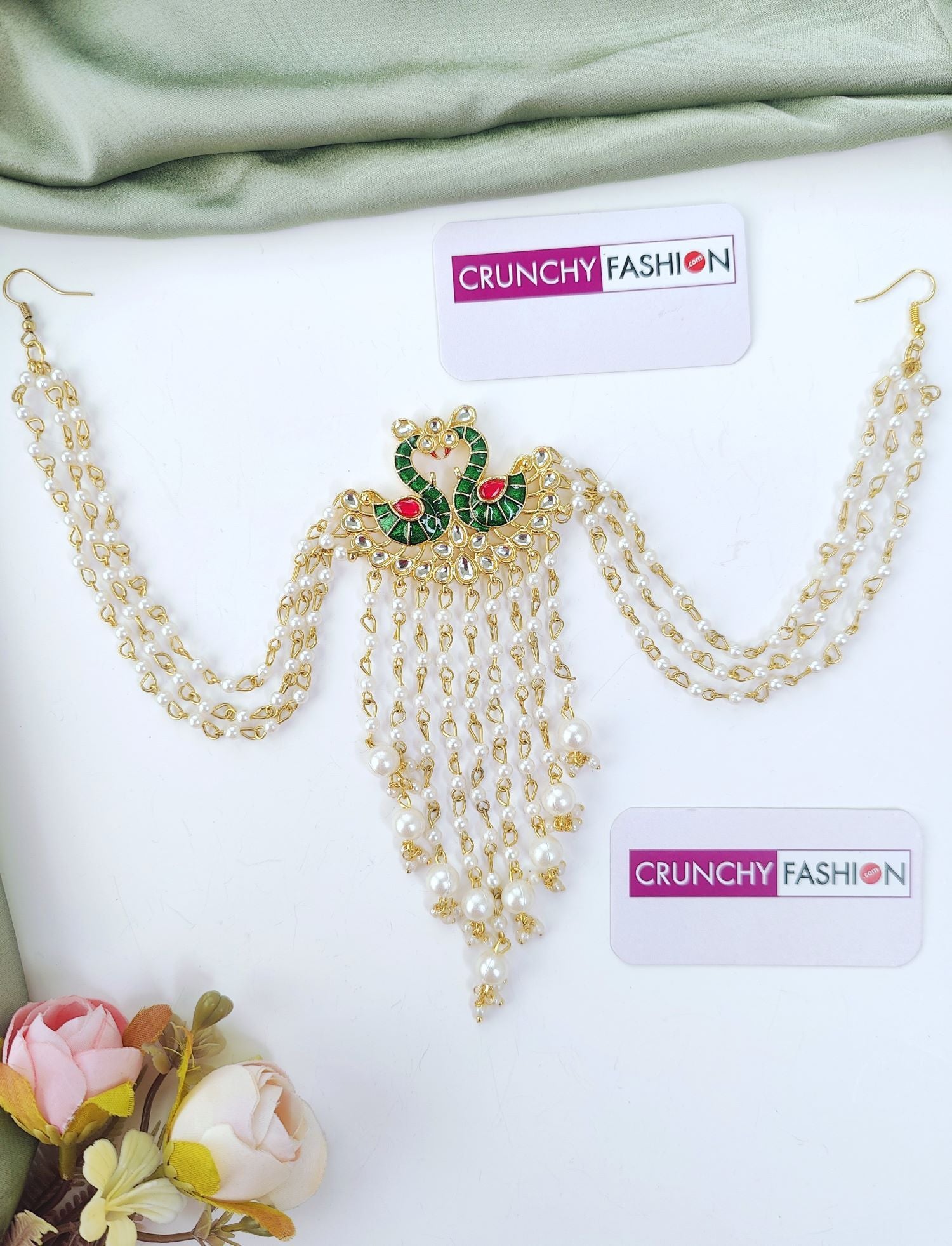 peacock design hair accessory in green pink kundan for wedding