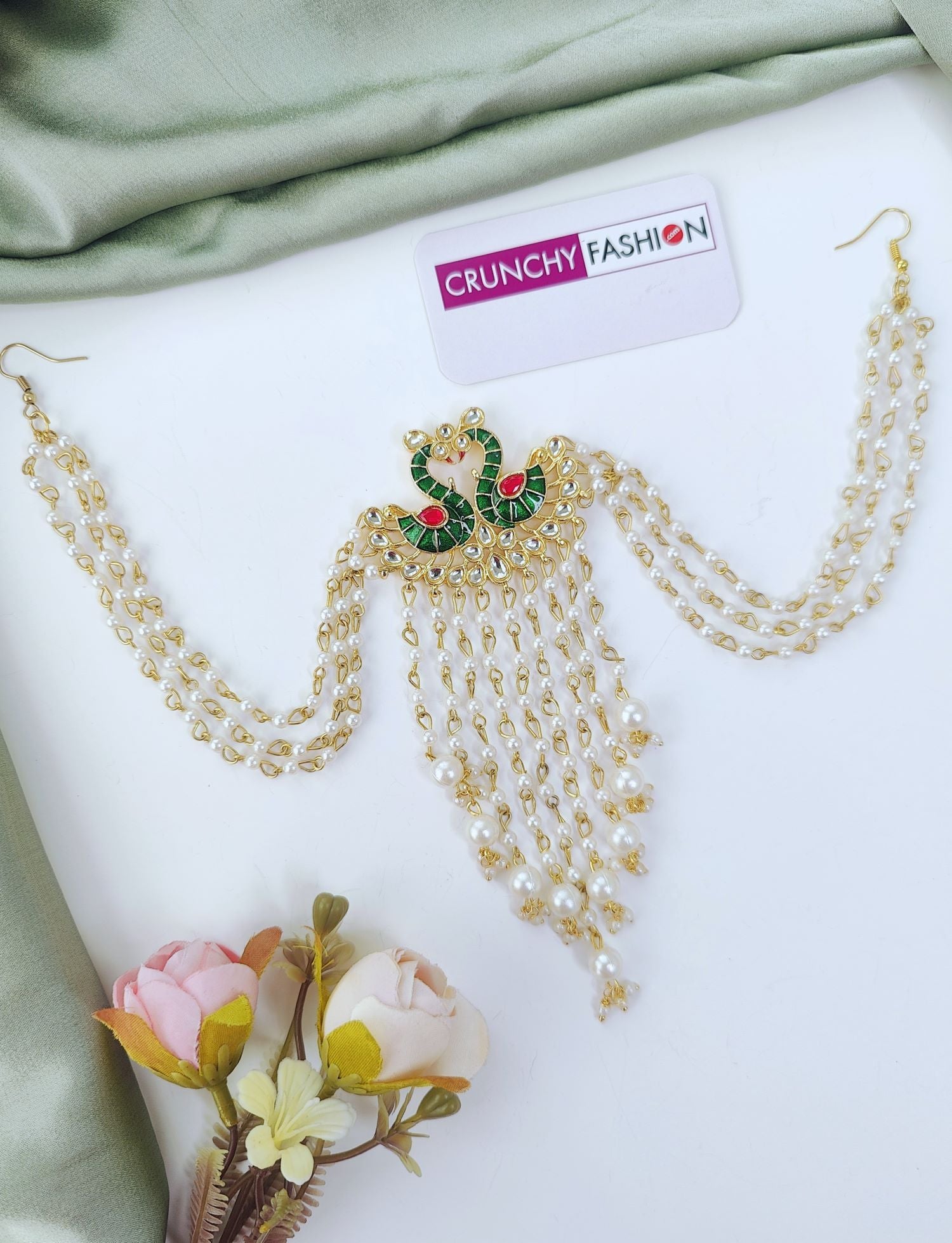 peacock design hair accessory in green pink kundan for wedding