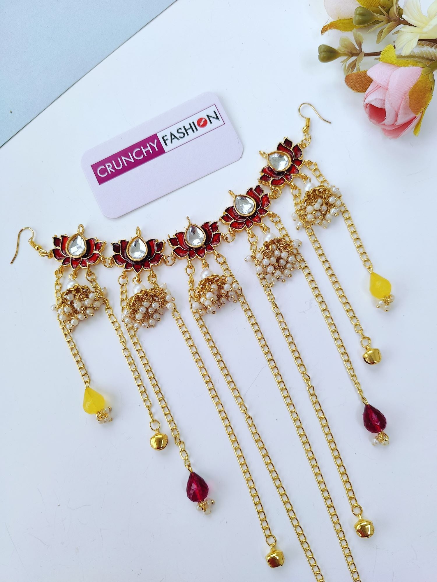 Maroon kundan lotus hair accessory for haldi and mehndi brides