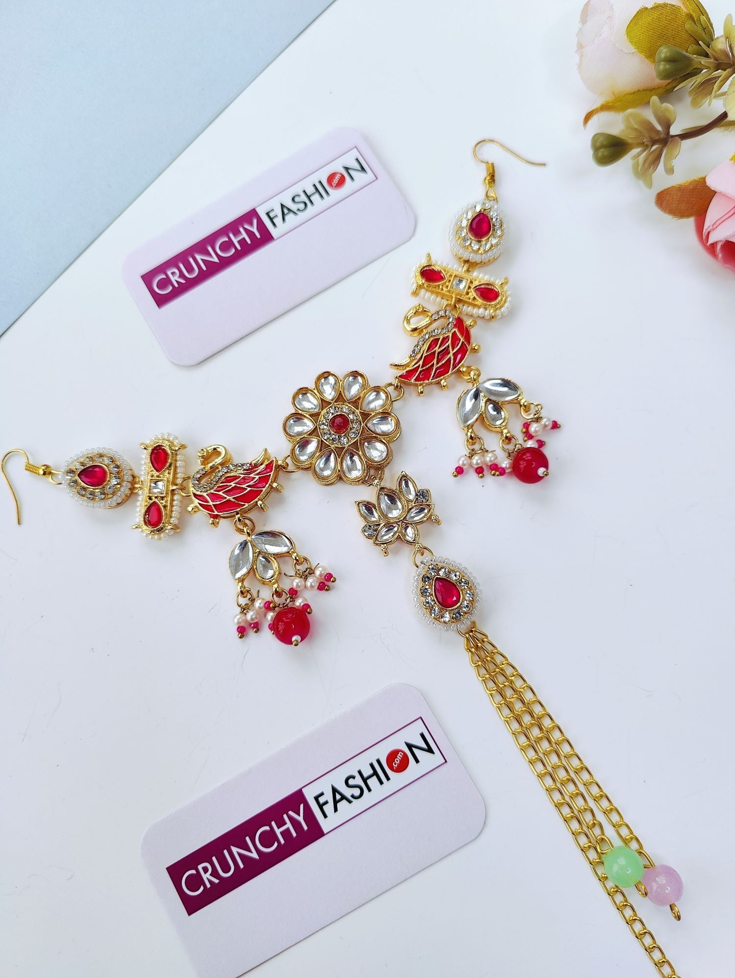pink floral hair accessory with kundan, pearl jewellery for wedding