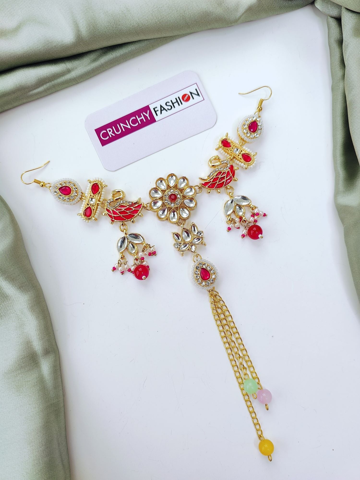 pink floral hair accessory with kundan, pearl jewellery for wedding