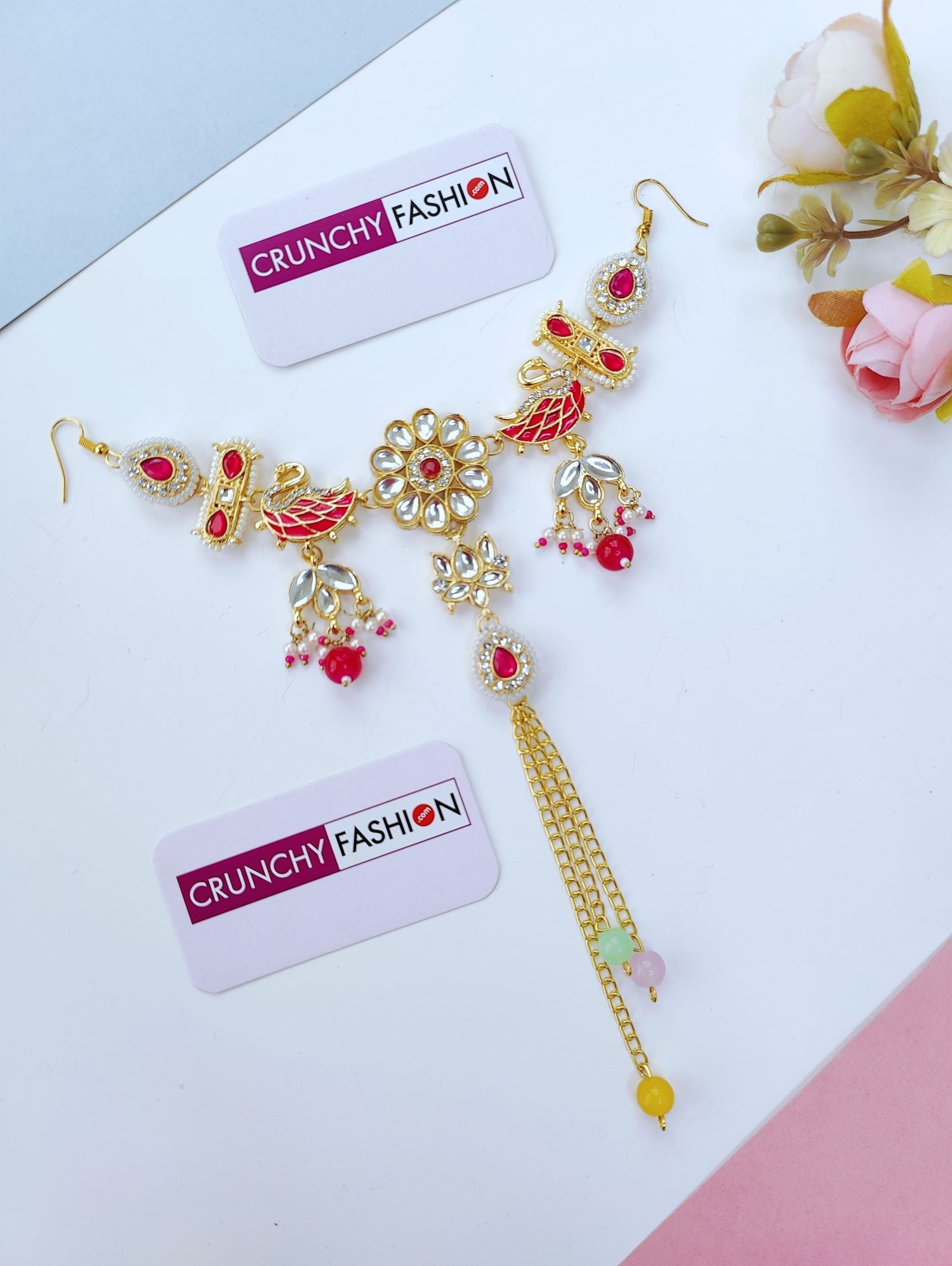pink floral hair accessory with kundan, pearl jewellery for wedding