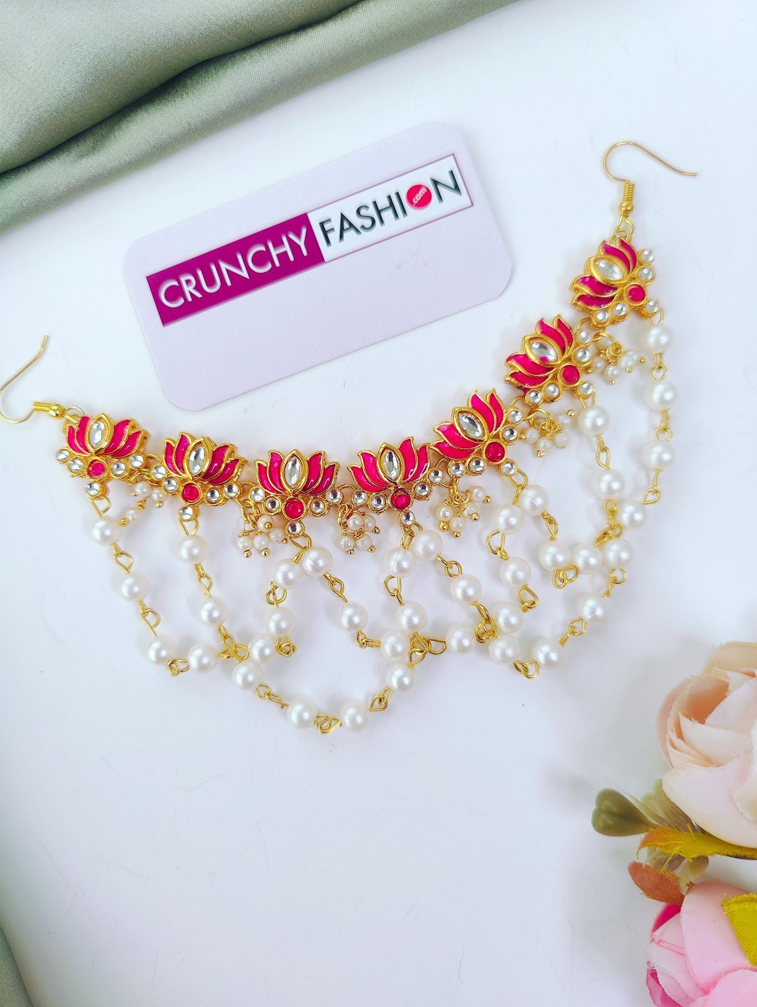 pink kundan lotus hair accessory for haldi and mehndi jewellery