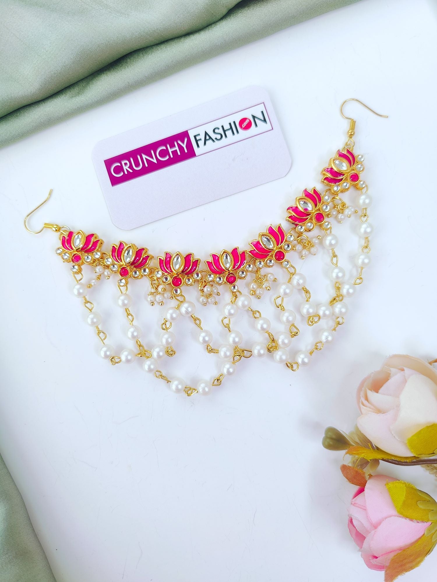 pink kundan lotus hair accessory for haldi and mehndi jewellery