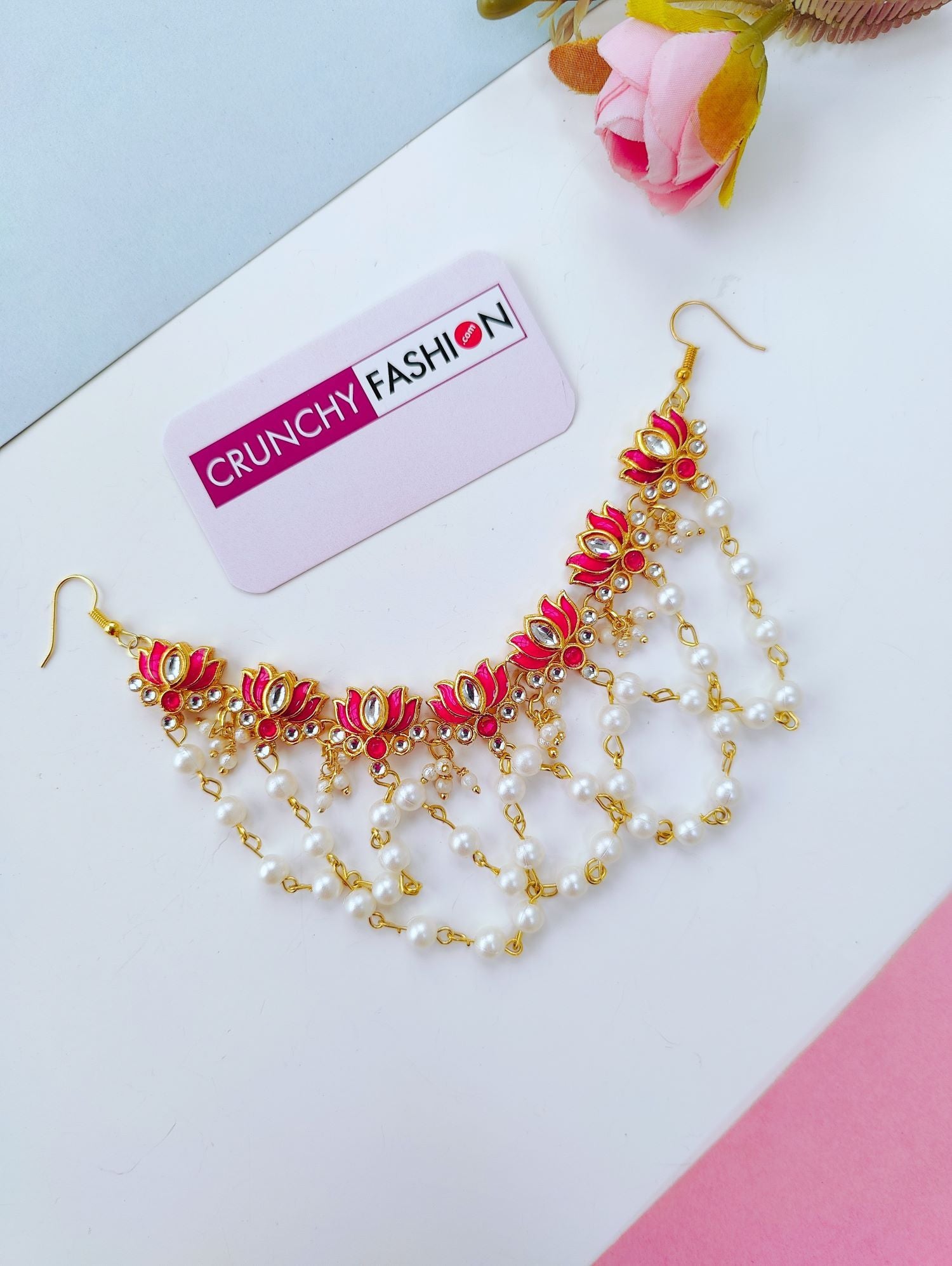 pink kundan lotus hair accessory for haldi and mehndi jewellery