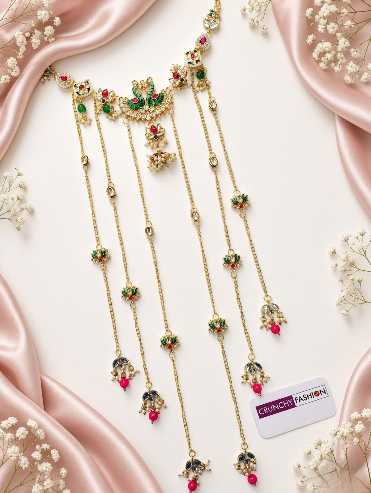 green floral kundan hair accessory with pearls for haldi mehndi bride