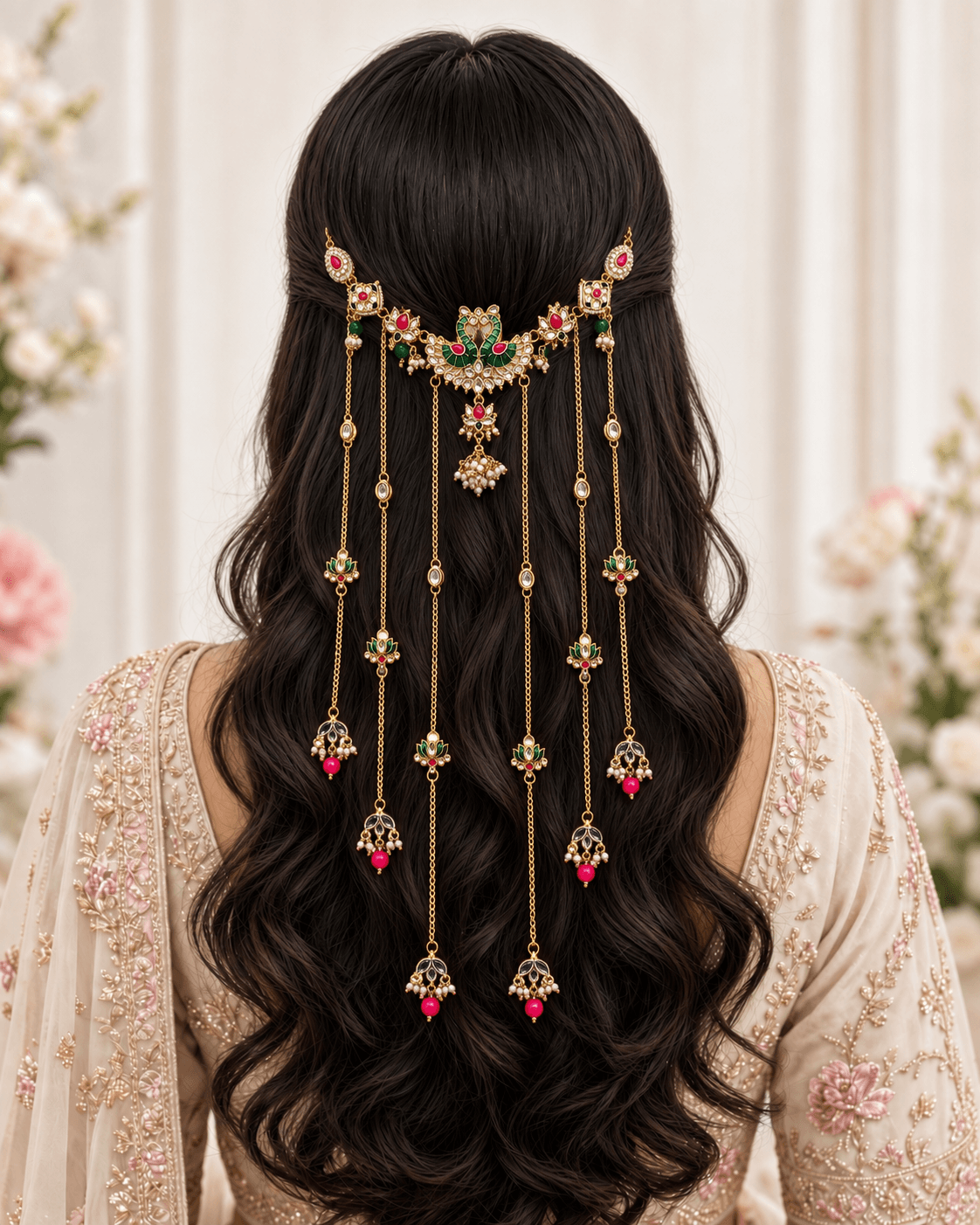 green floral kundan hair accessory with pearls for haldi mehndi bride