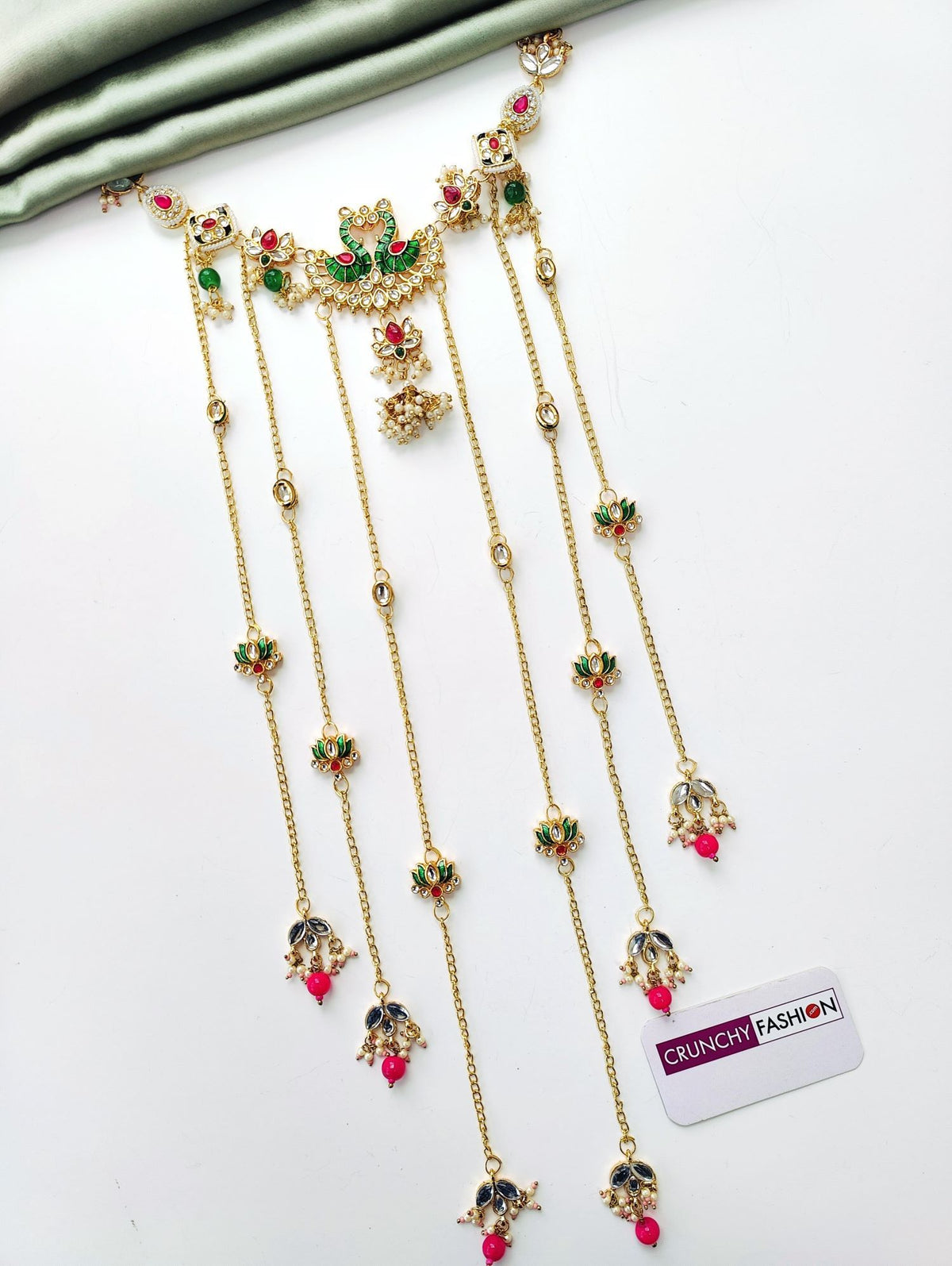 green floral kundan hair accessory with pearls for haldi mehndi bride