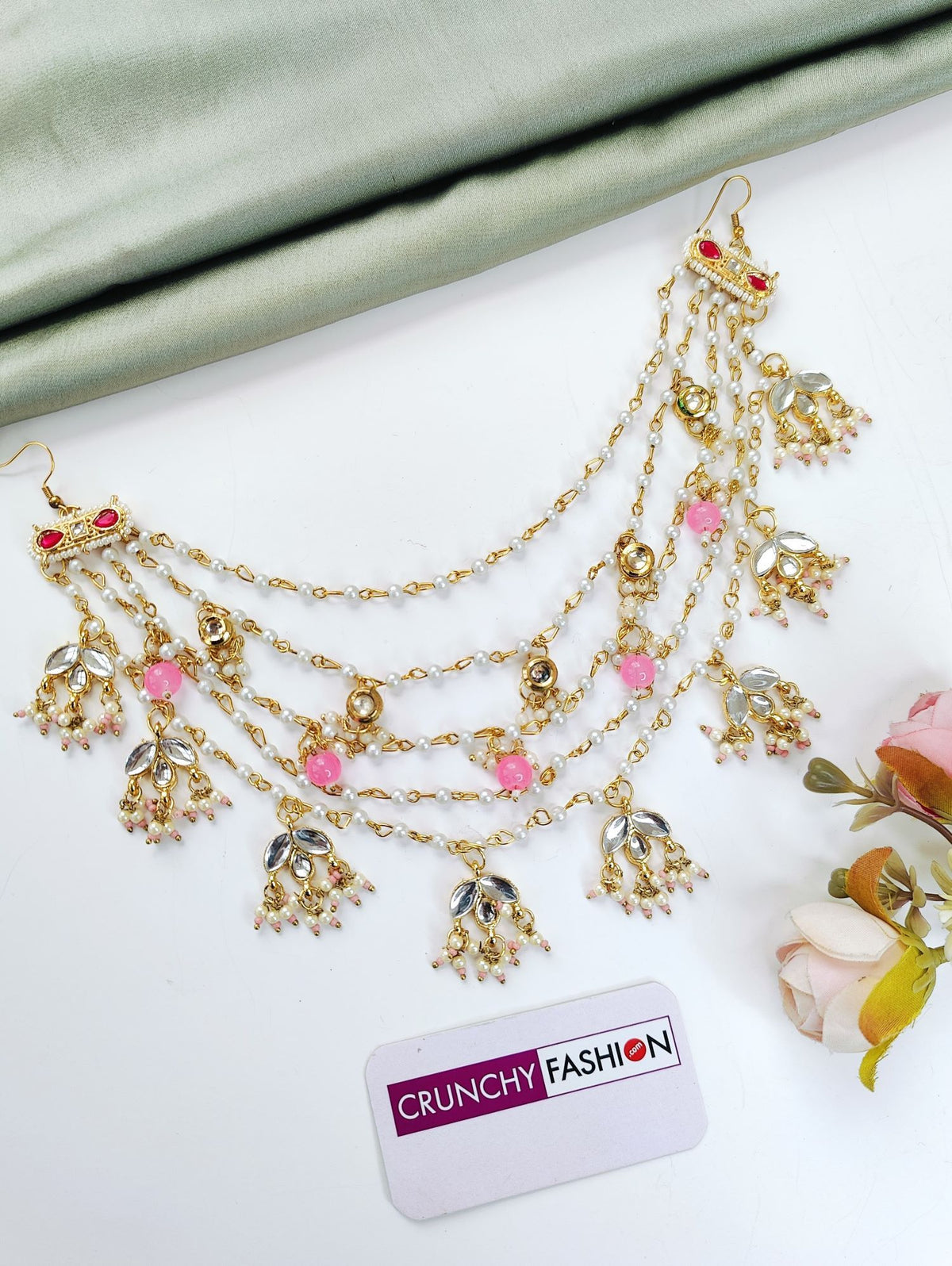 light pink floral hair accessory with kundan and pearl for brides