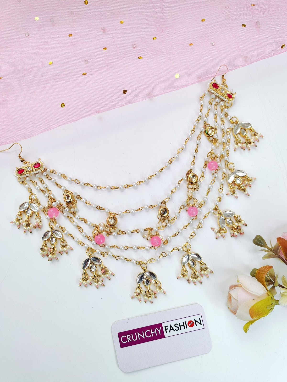 light pink floral hair accessory with kundan and pearl for brides