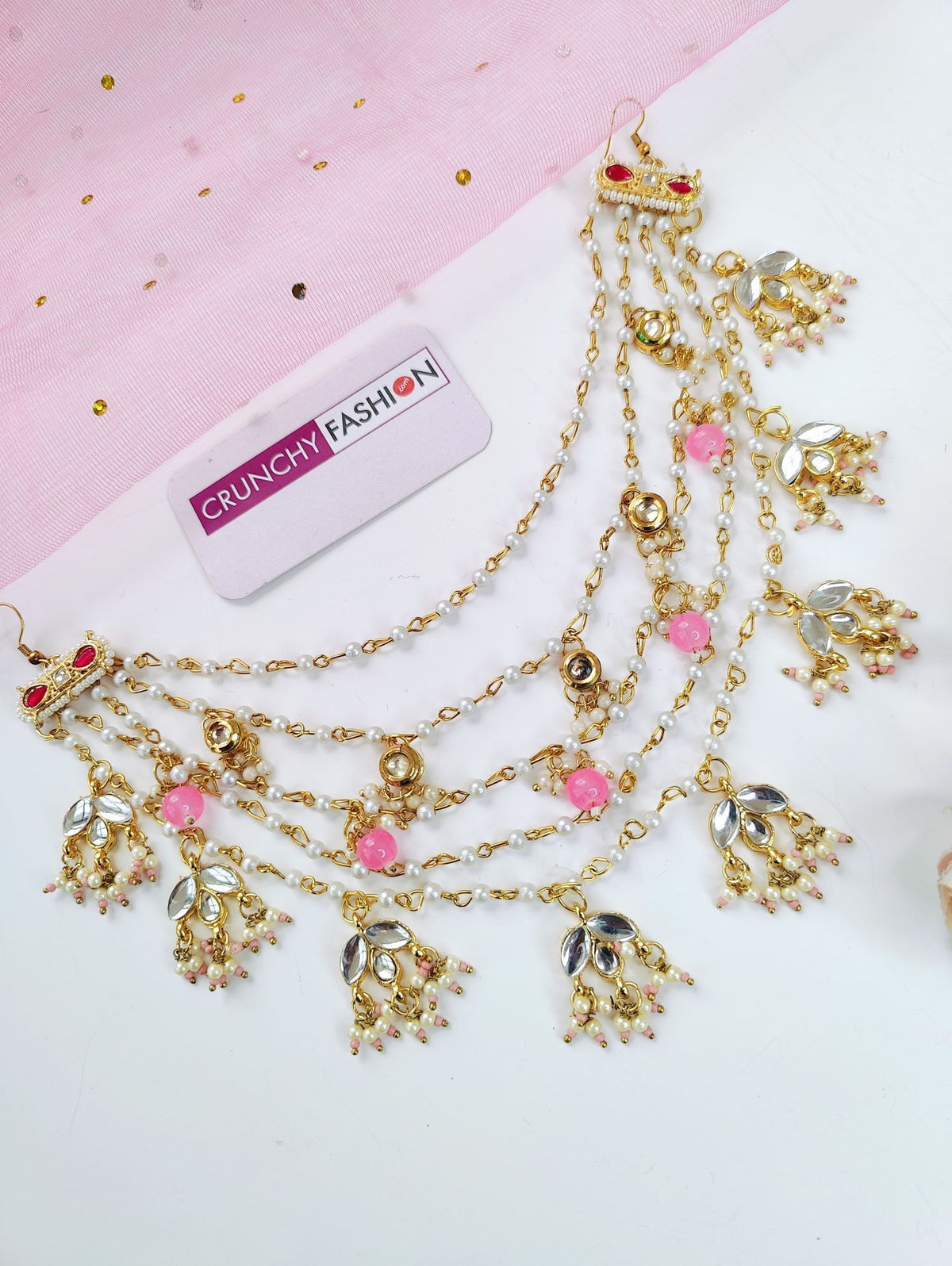 light pink floral hair accessory with kundan and pearl for brides