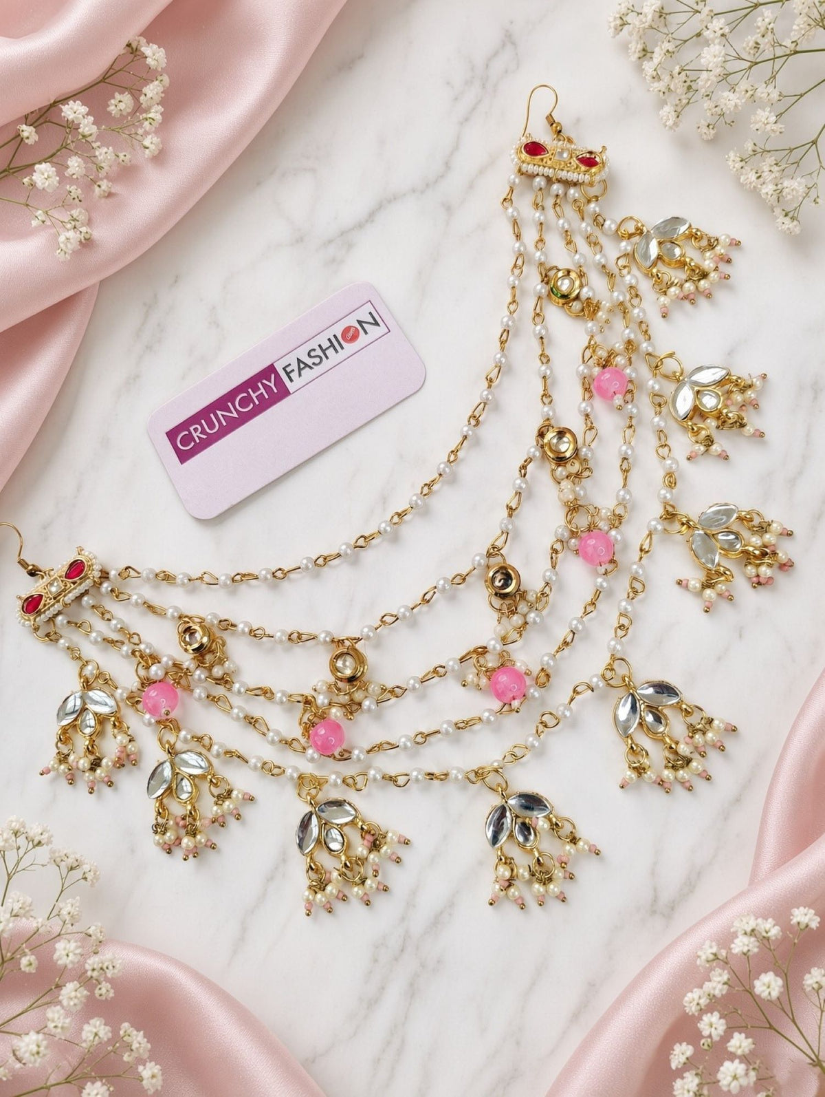 light pink floral hair accessory with kundan and pearl for brides