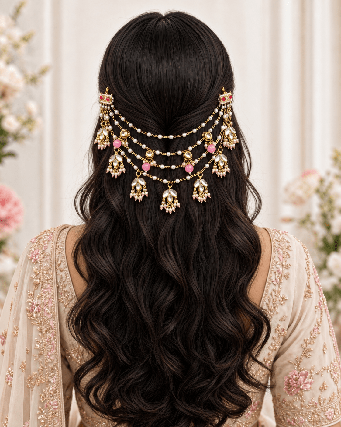 light pink floral hair accessory with kundan and pearl for brides