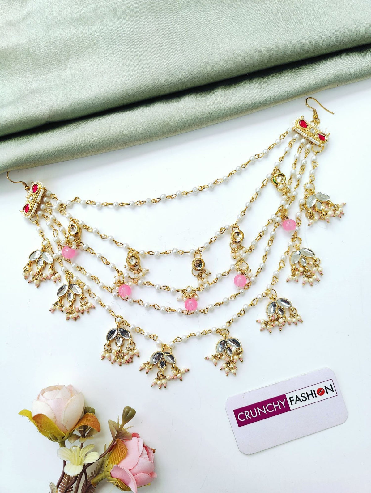 light pink floral hair accessory with kundan and pearl for brides