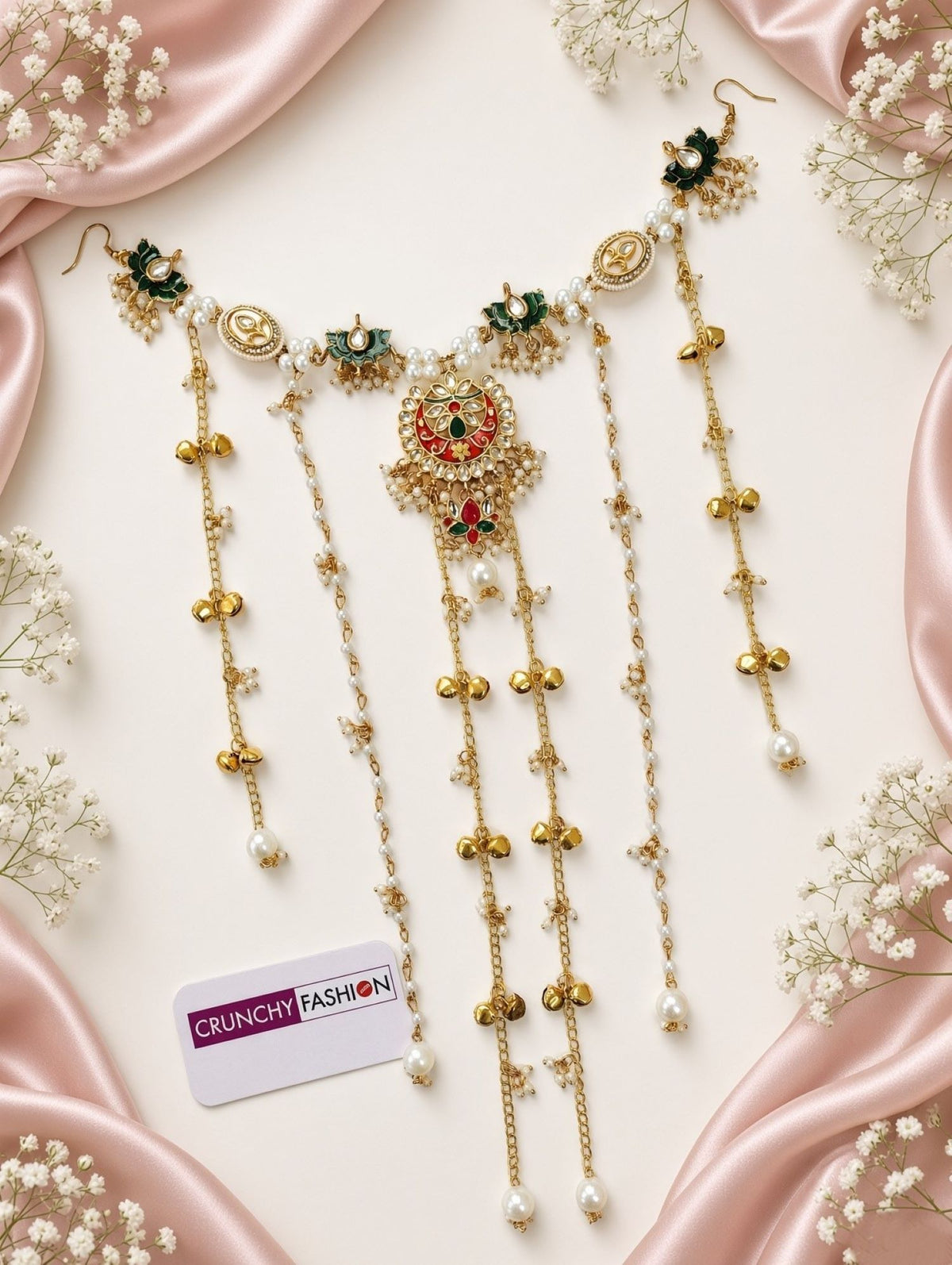 floral kundan hair accessory in green and red for bridal haldi mehndi