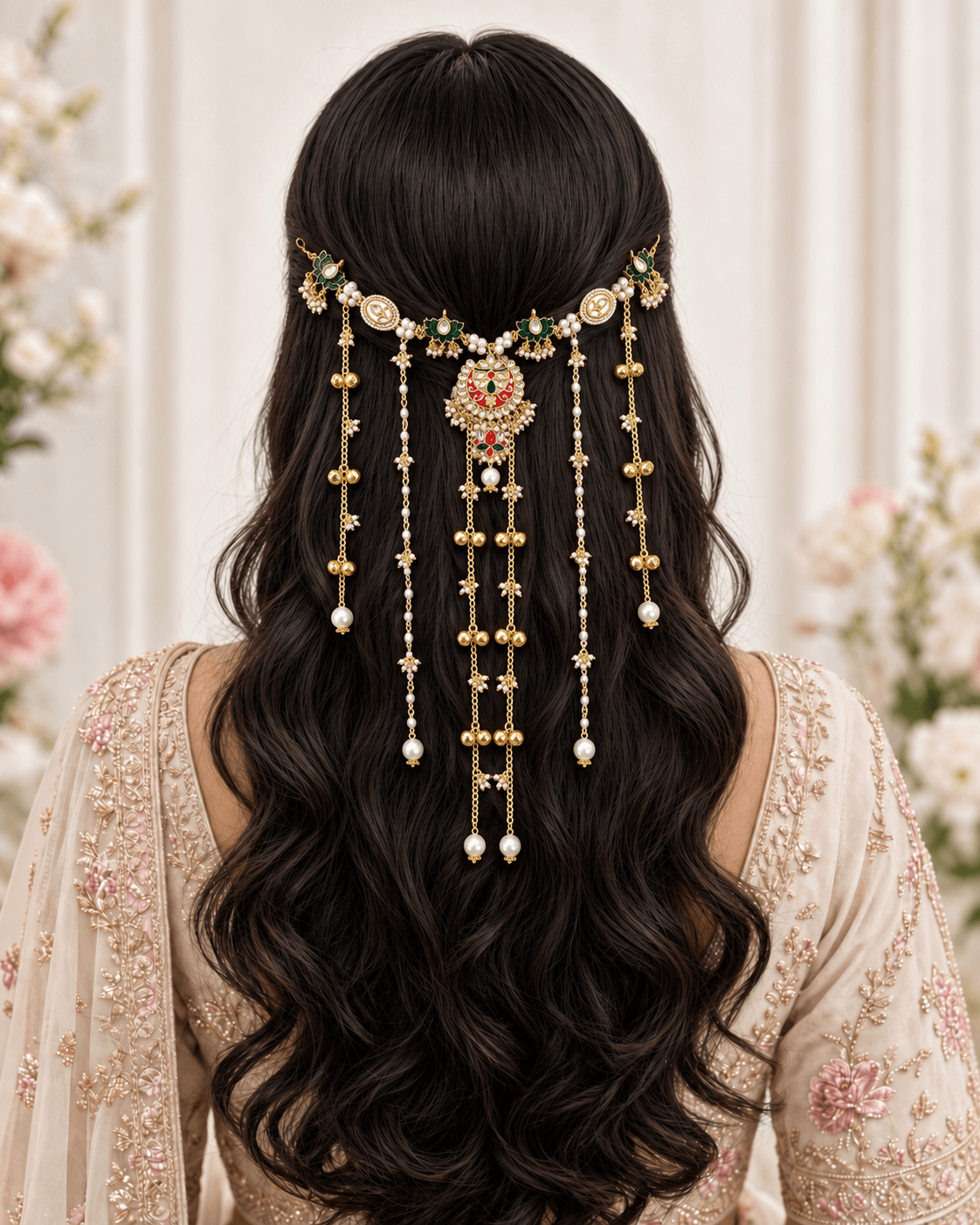 floral kundan hair accessory in green and red for bridal haldi mehndi