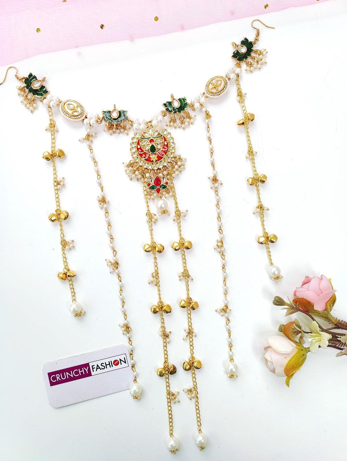 floral kundan hair accessory in green and red for bridal haldi mehndi