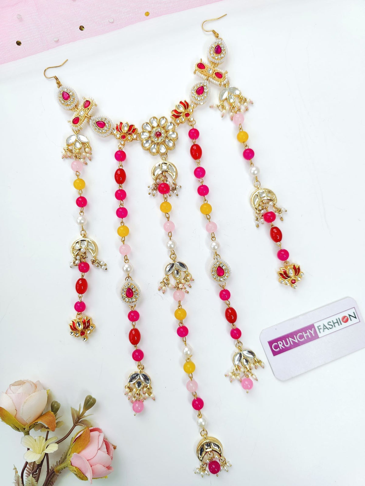pink floral hair accessory with kundan and pearl for wedding bride
