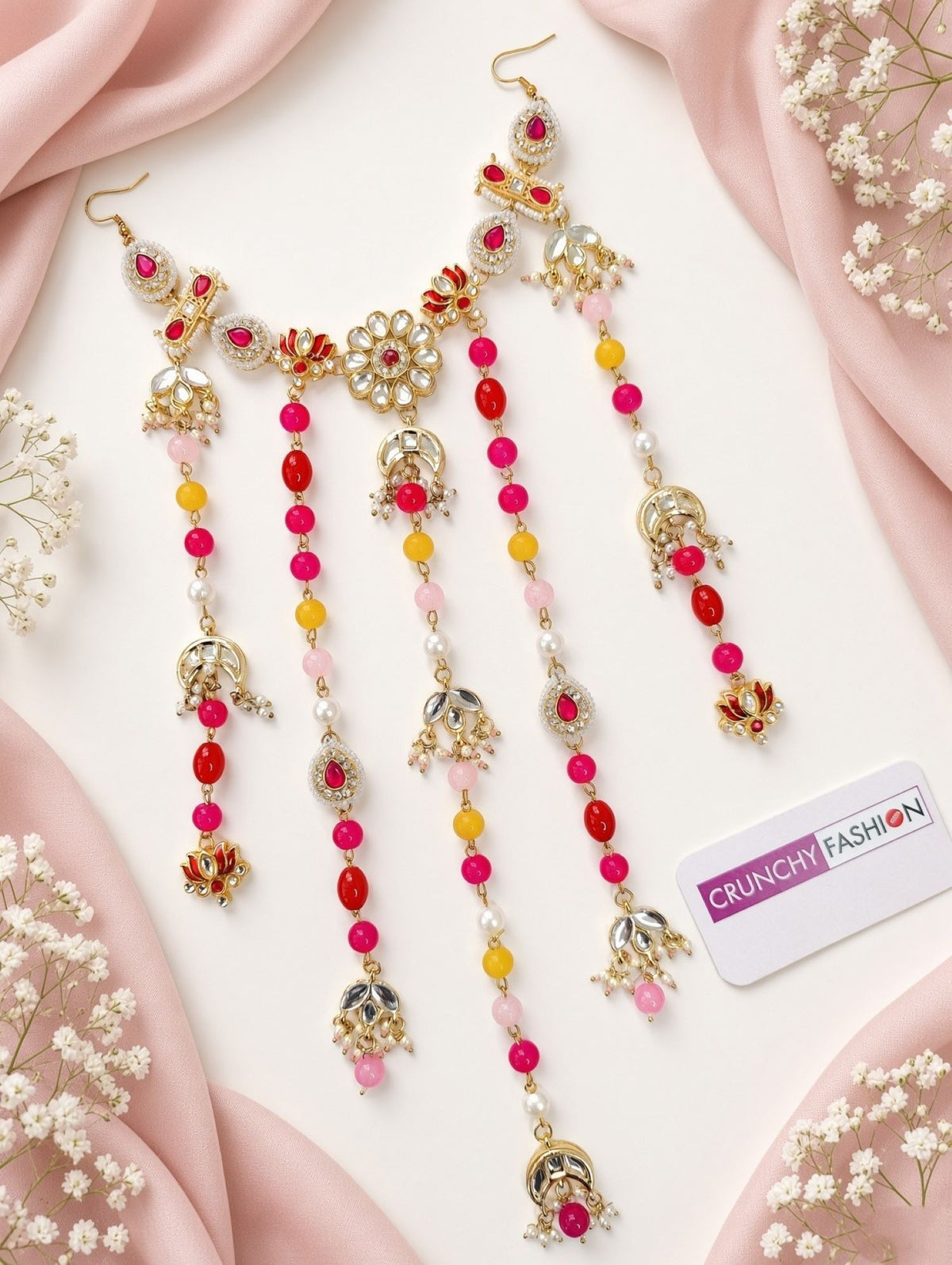 pink floral hair accessory with kundan and pearl for wedding bride