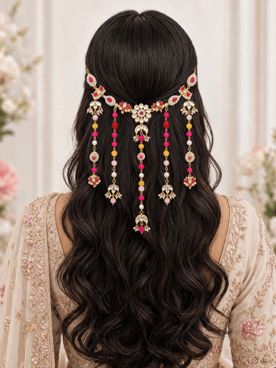 pink floral hair accessory with kundan and pearl for wedding bride