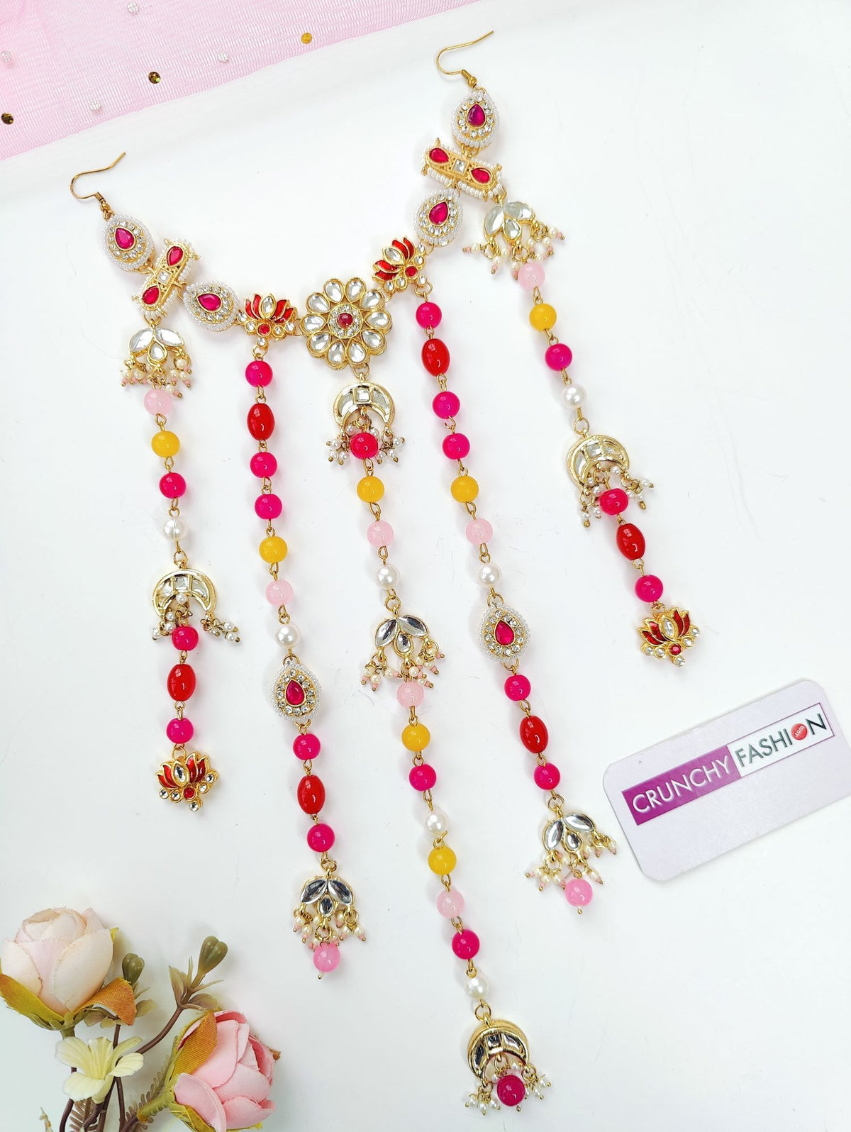 pink floral hair accessory with kundan and pearl for wedding bride