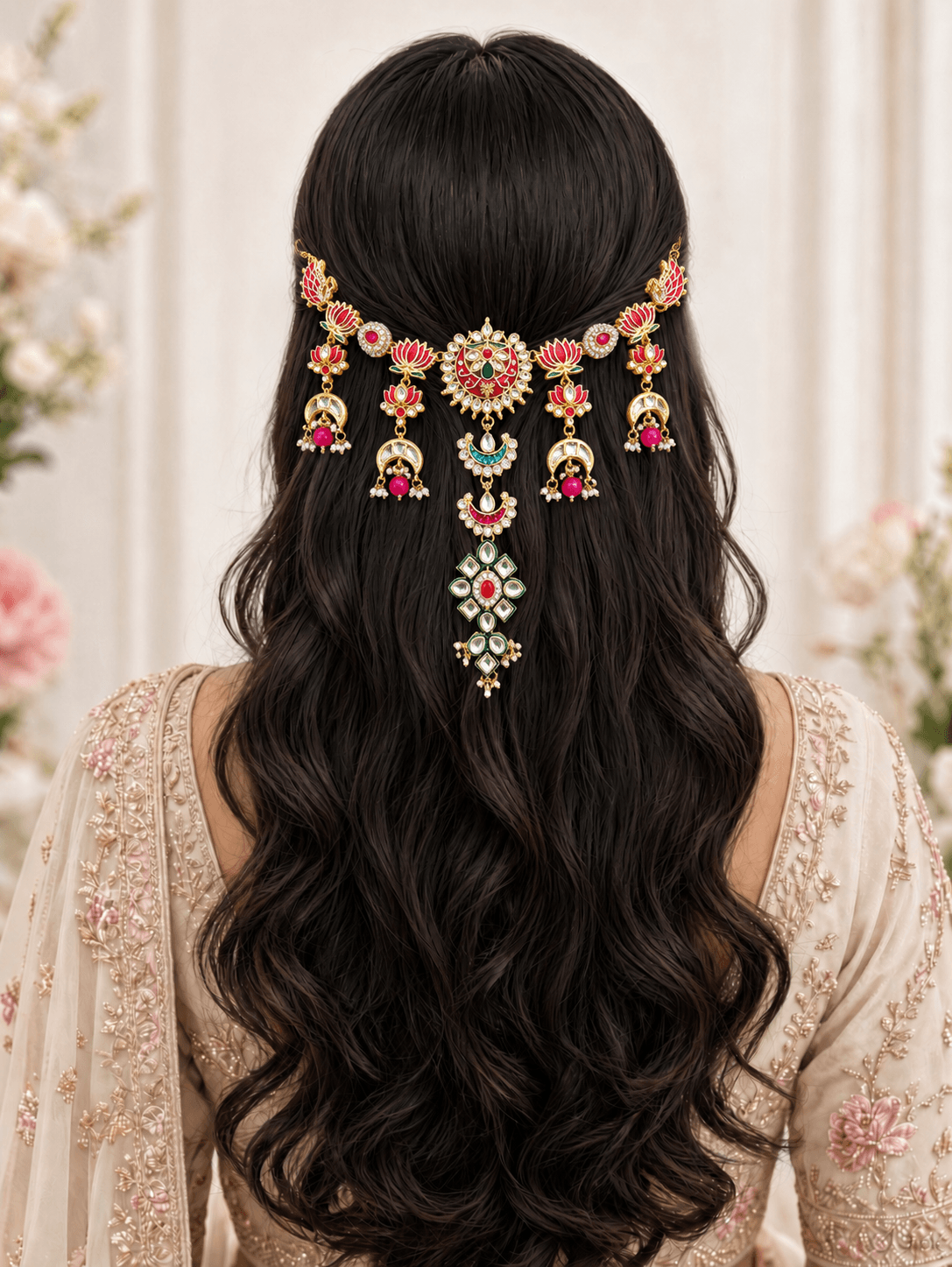 Floral kundan hair accessory with pearls, bridal haldi mehndi jewellery