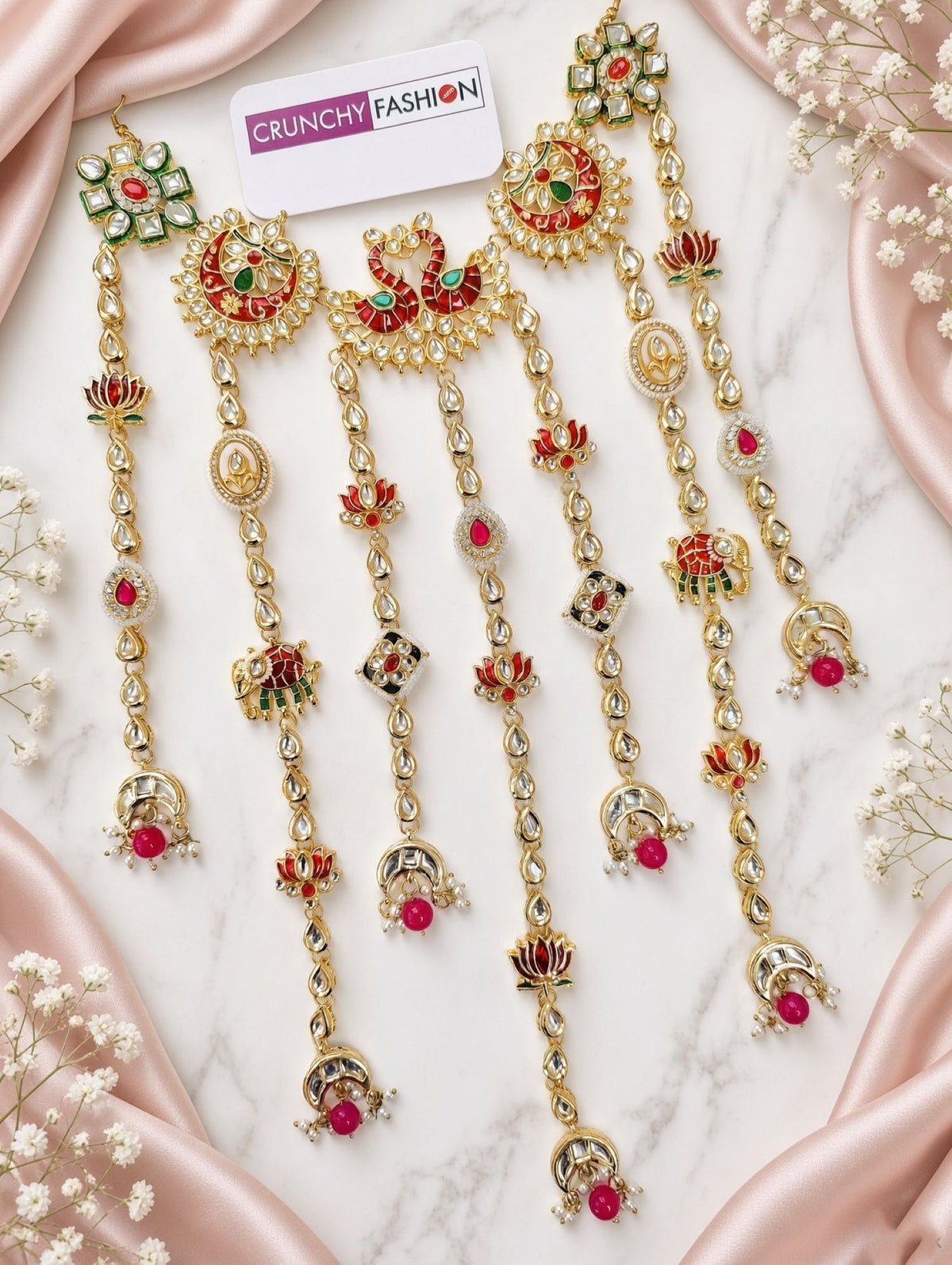 maroon floral hair accessory with kundan and pearl for wedding