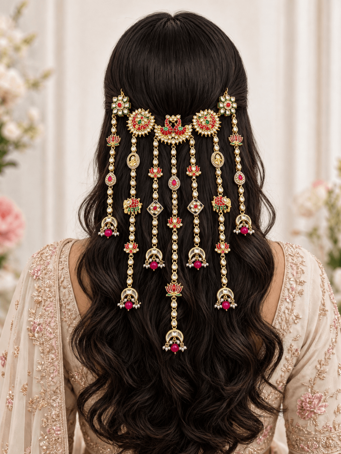 maroon floral hair accessory with kundan and pearl for wedding