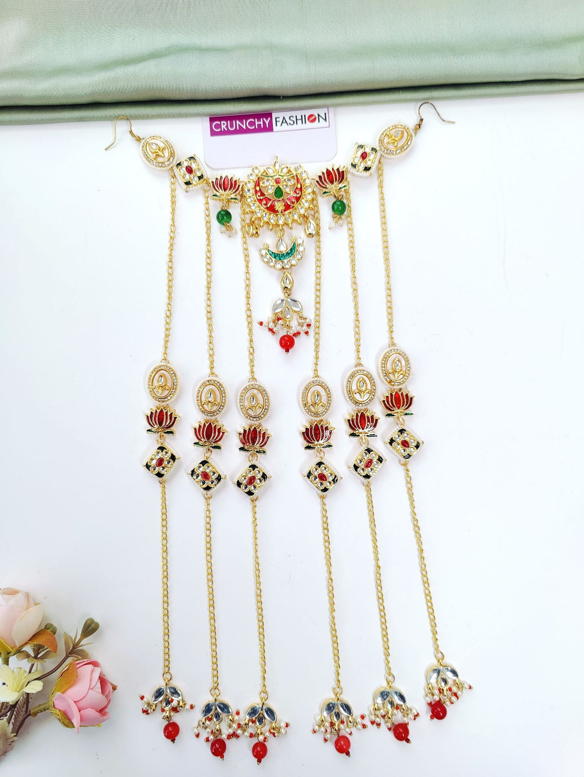 floral kundan hair accessory, multi colour pearl jewellery for wedding