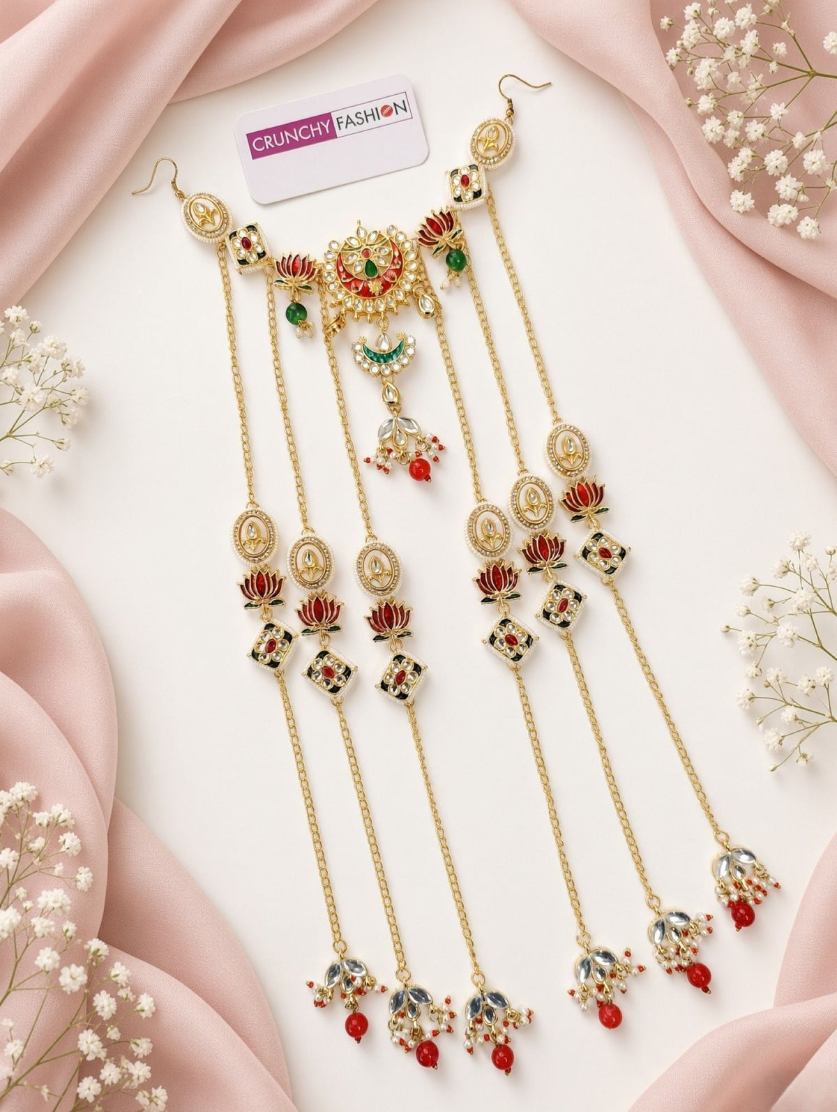 floral kundan hair accessory, multi colour pearl jewellery for wedding