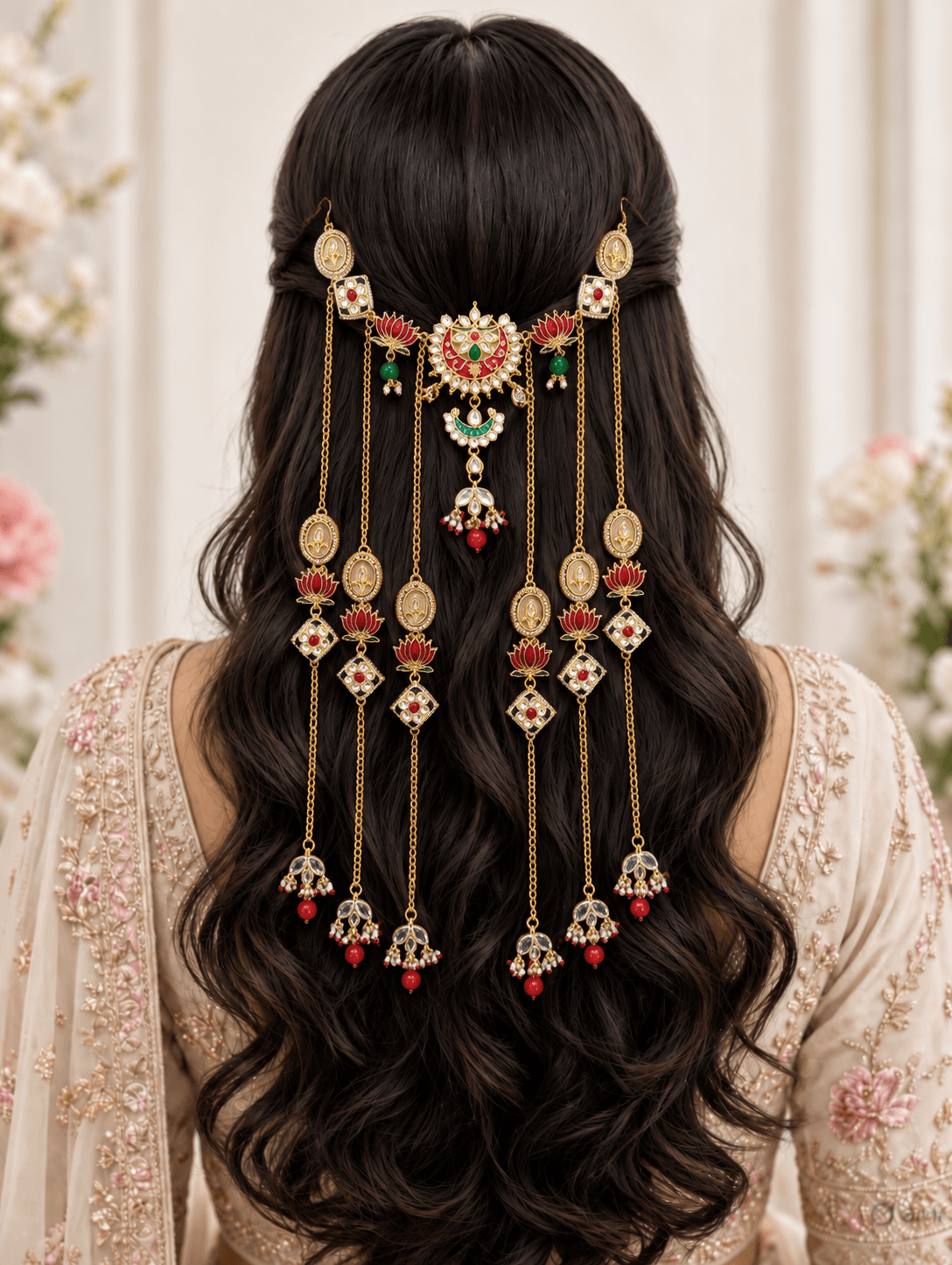 floral kundan hair accessory, multi colour pearl jewellery for wedding