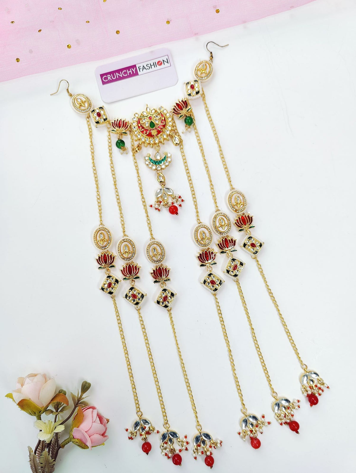 floral kundan hair accessory, multi colour pearl jewellery for wedding