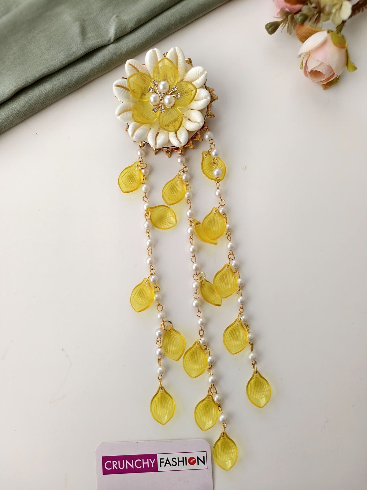 yellow shell hair accessories for women, haldi bridal styling