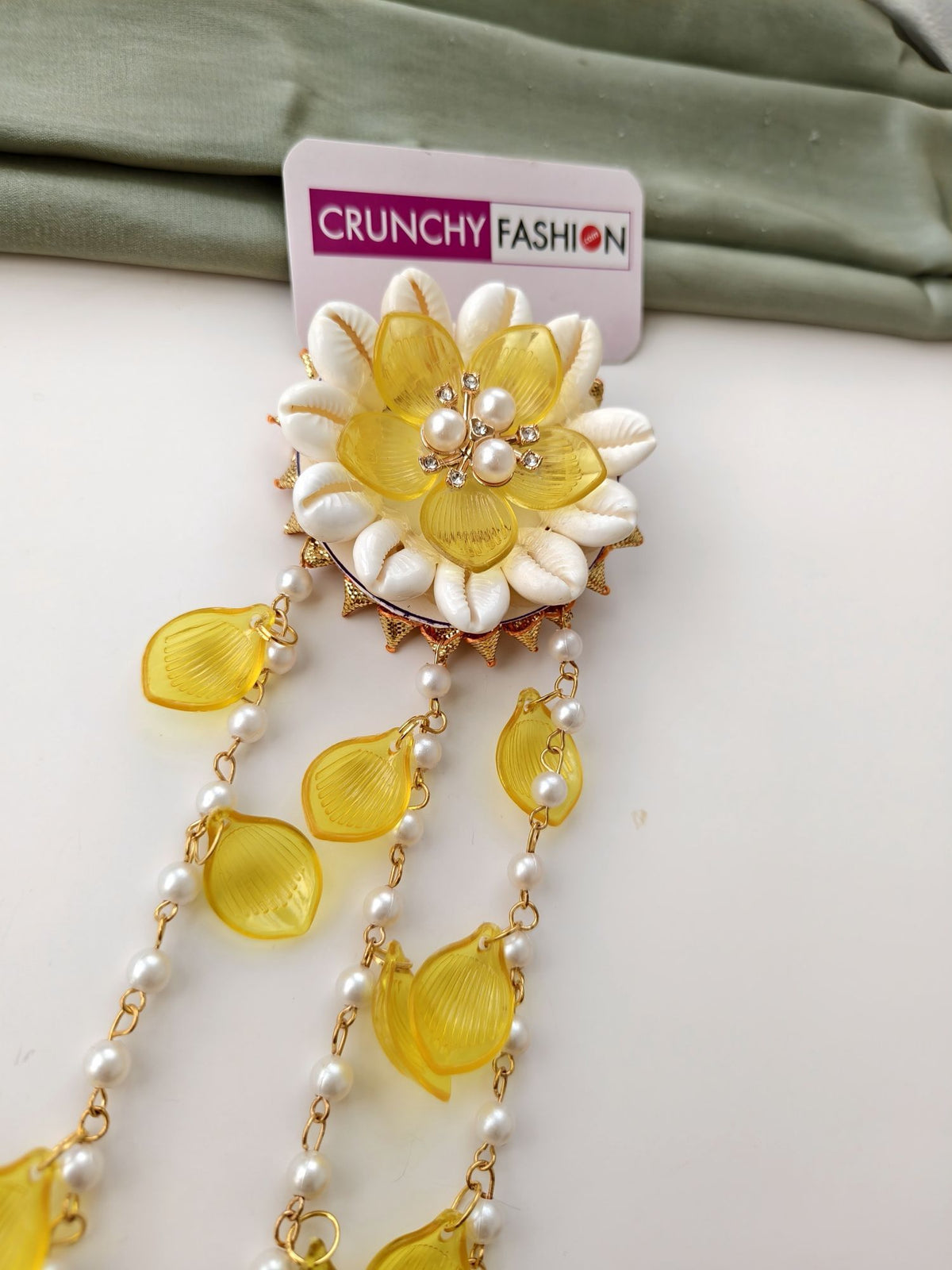 yellow shell hair accessories for women, haldi bridal styling