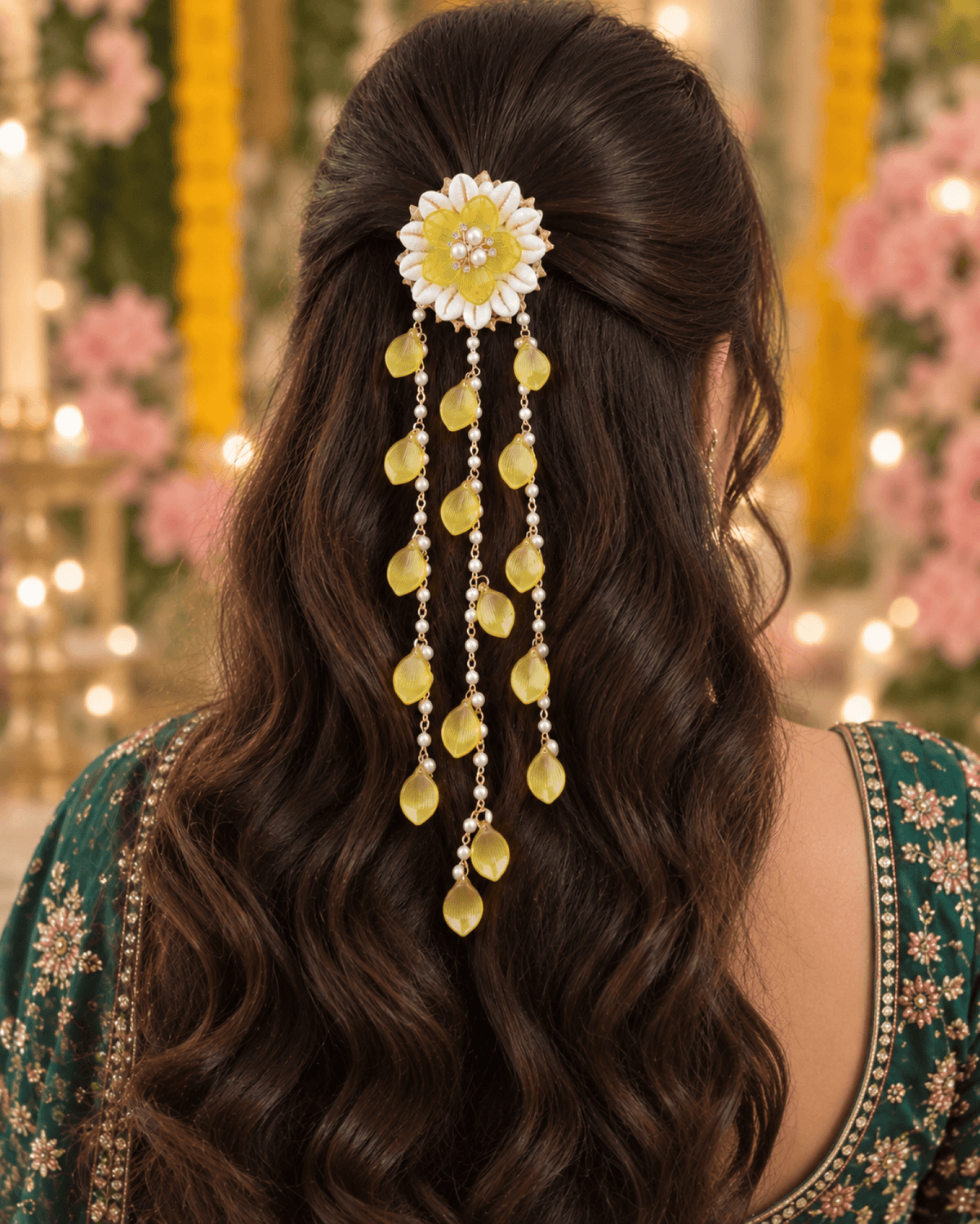 yellow shell hair accessories for women, haldi bridal styling