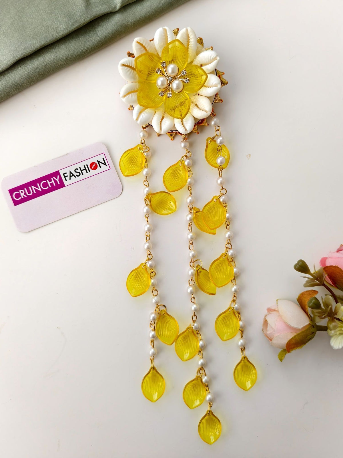yellow shell hair accessories for women, haldi bridal styling