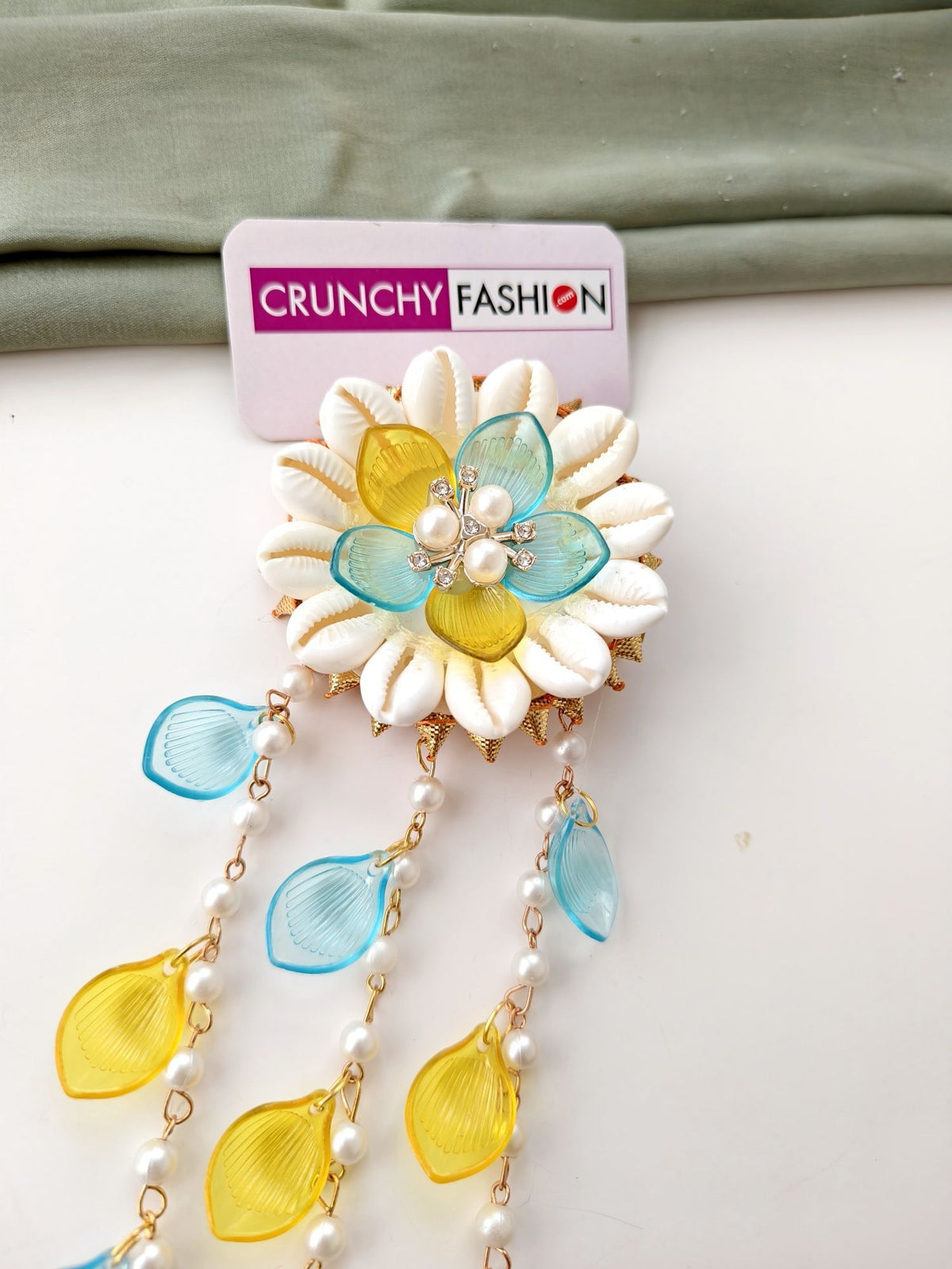 blue and yellow shell hair accessories for women haldi mehndi