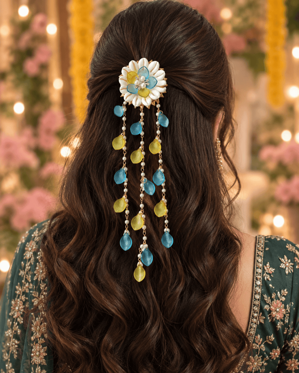 blue and yellow shell hair accessories for women haldi mehndi