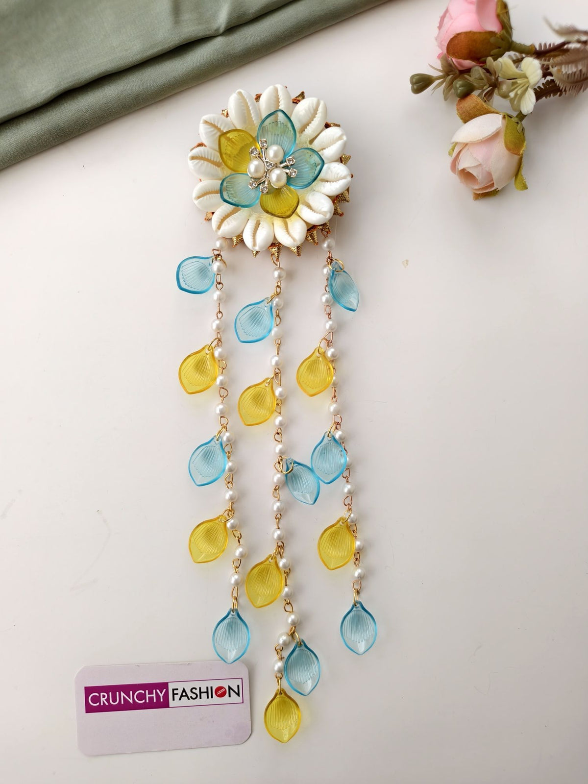 blue and yellow shell hair accessories for women haldi mehndi
