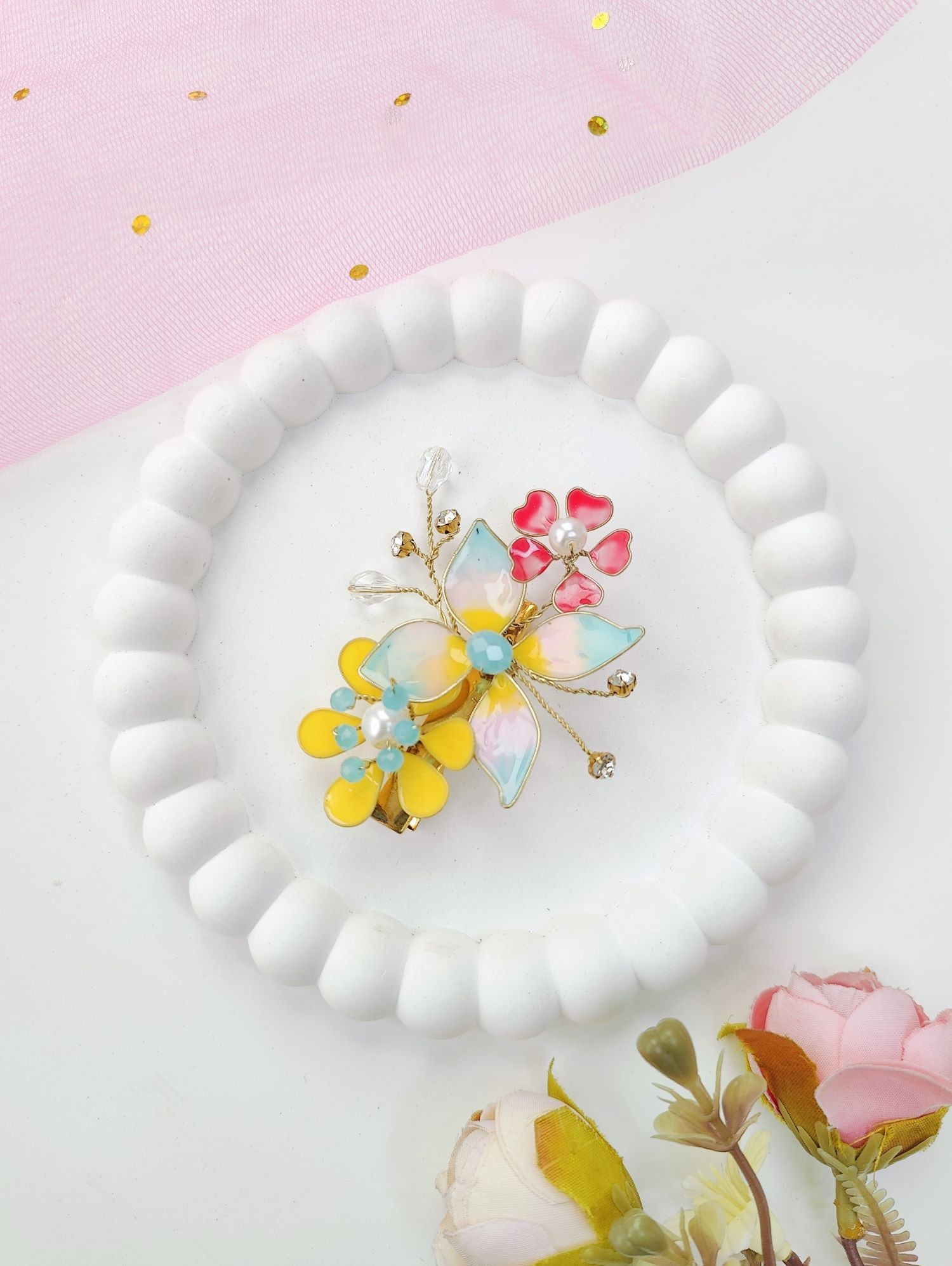 multicolor resin floral hair clip, handmade lightweight jewellery