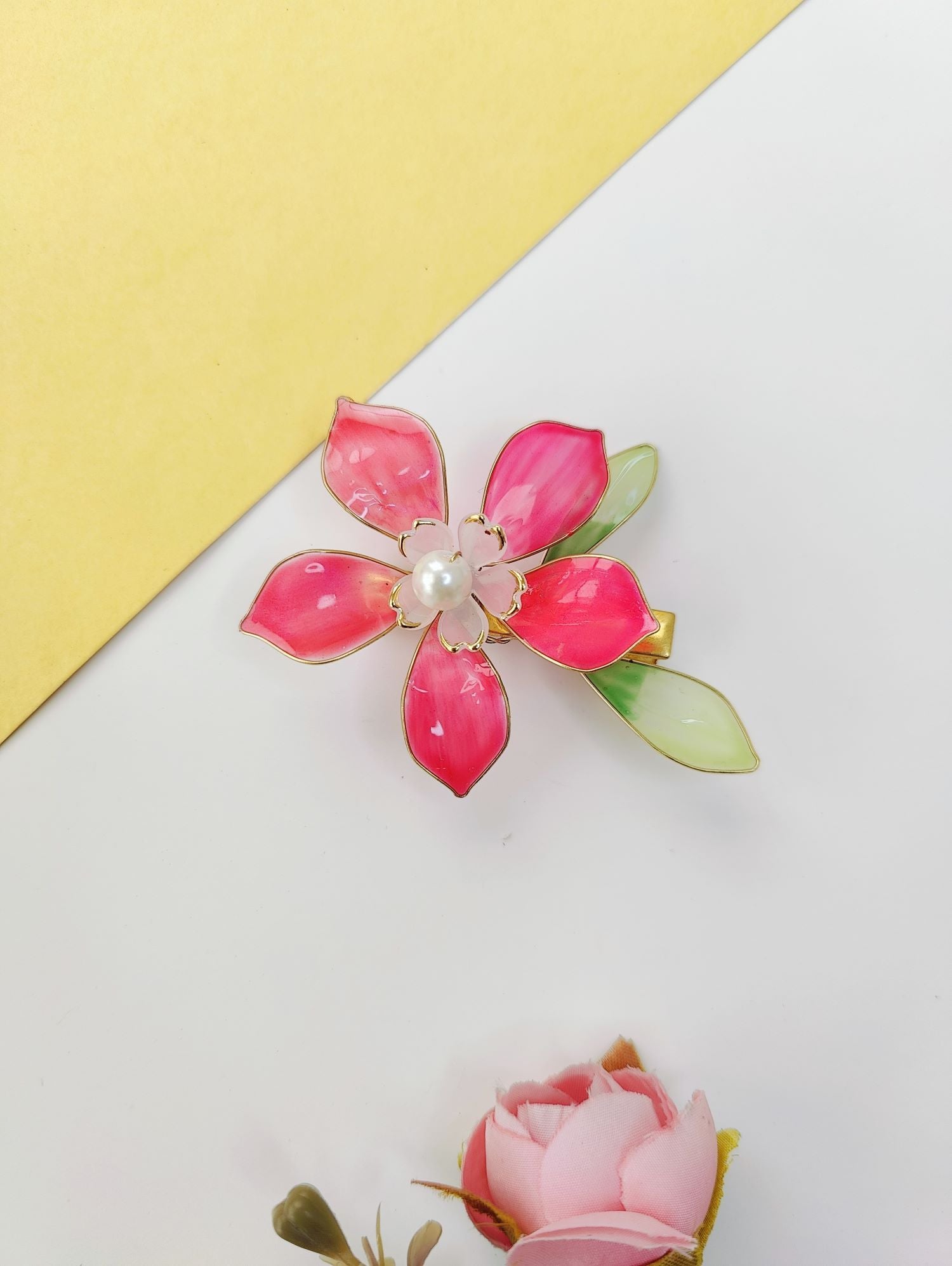 pink and green resin floral jewellery lightweight hair clip