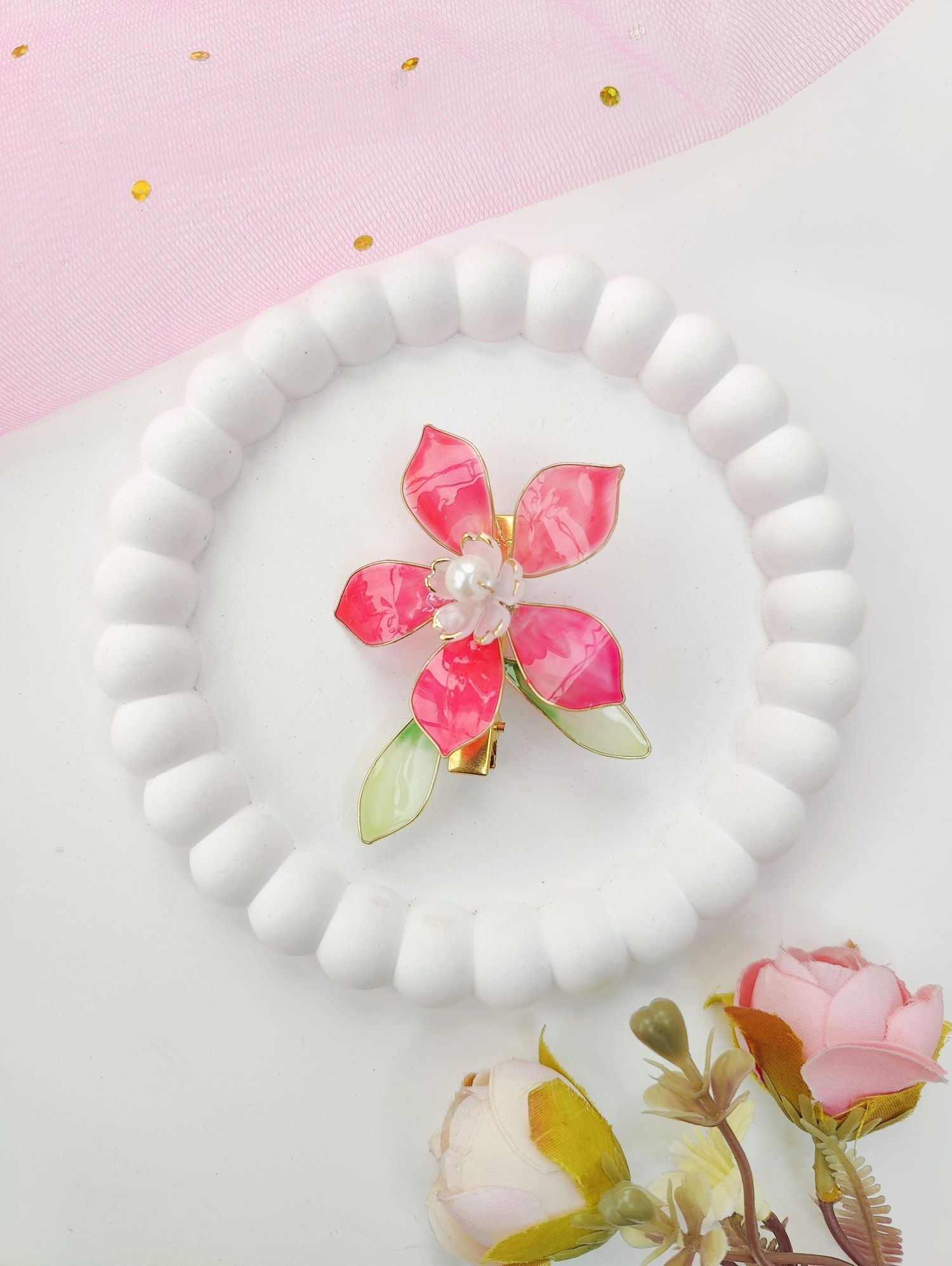 pink and green resin floral jewellery lightweight hair clip
