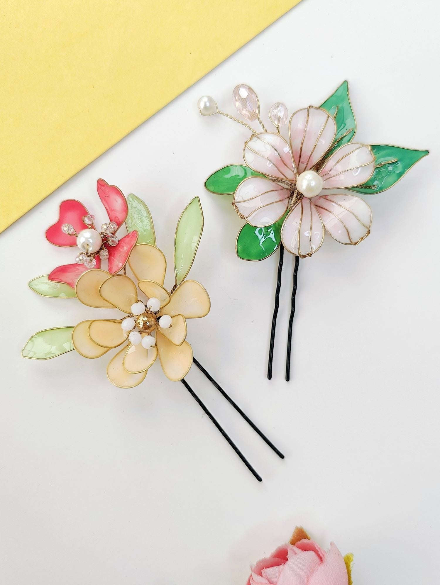 Multicolor resin floral hair pins set of three, lightweight clip