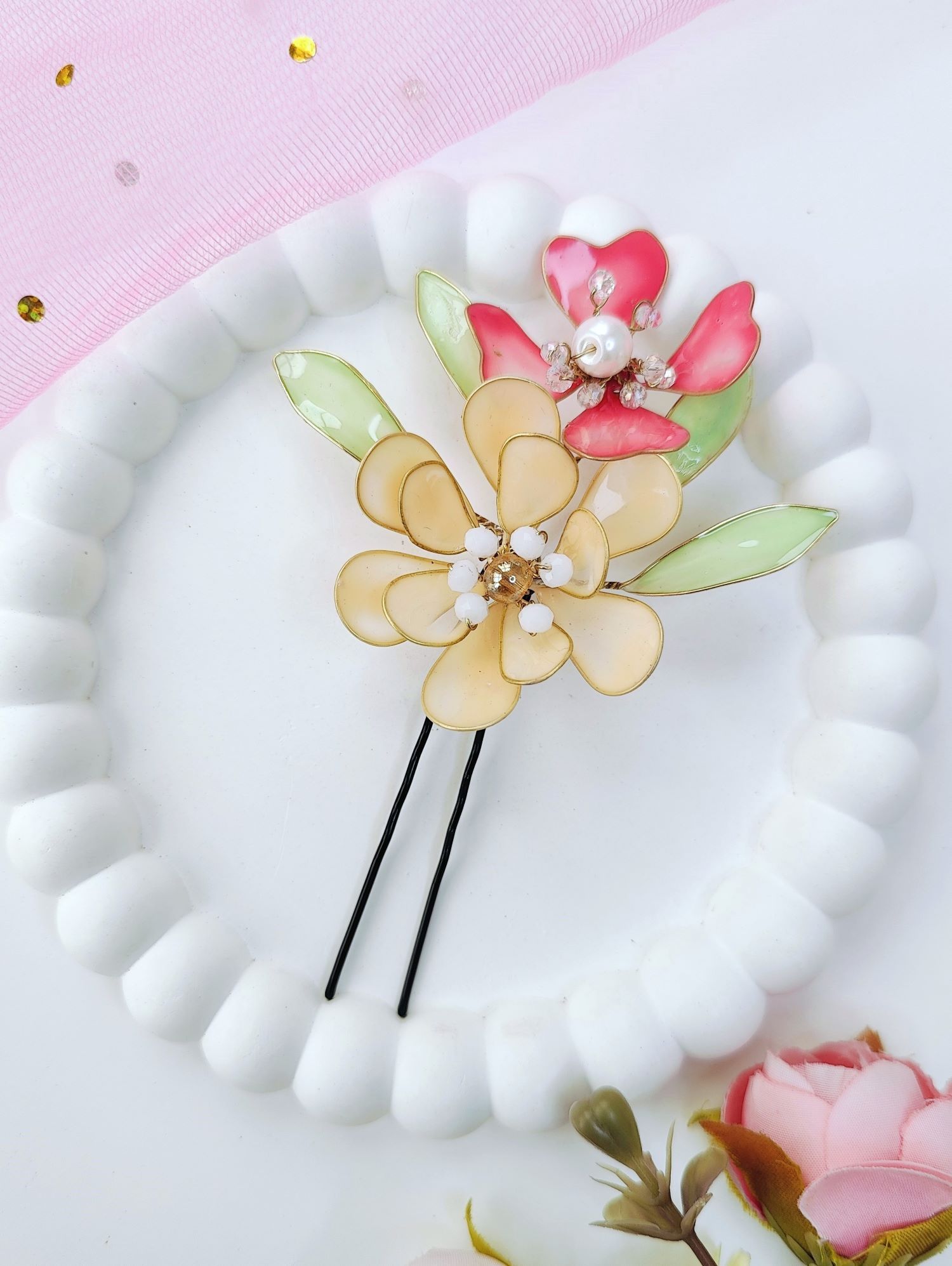 Multicolor resin floral hair pins set of three, lightweight clip