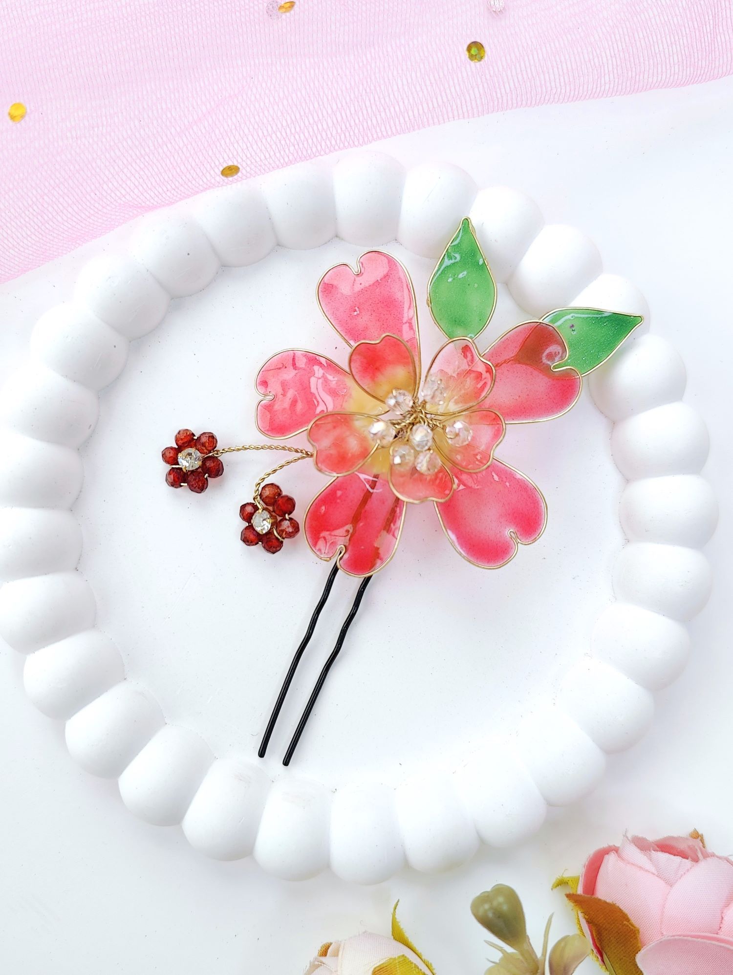 Multicolor resin floral hair pins set of three, lightweight clip