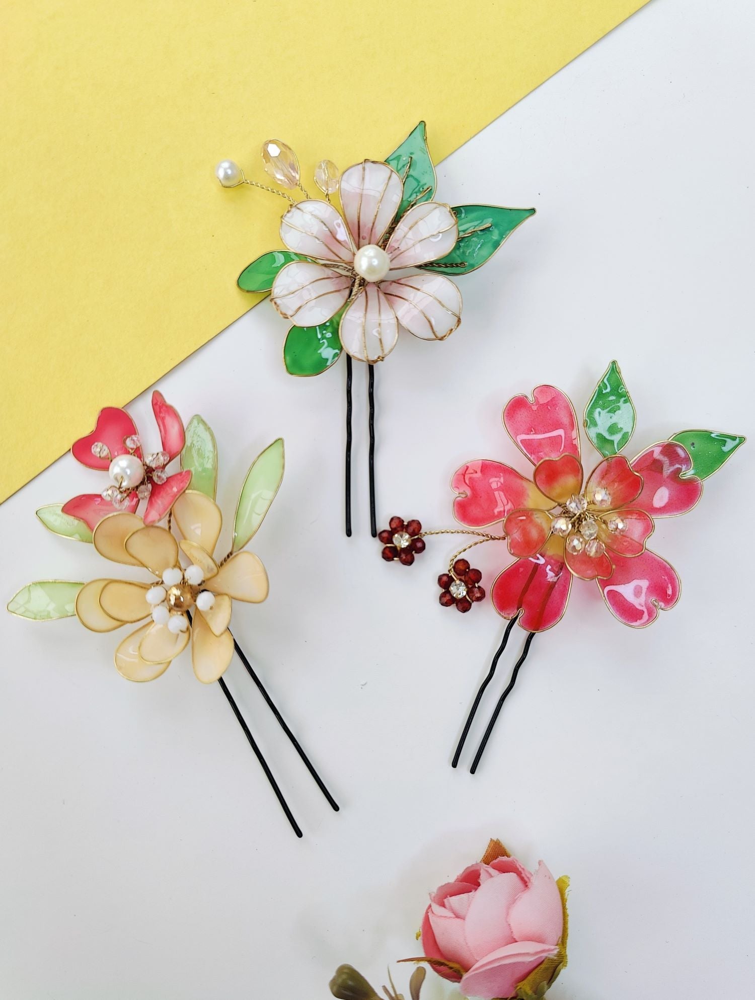 Multicolor resin floral hair pins set of three, lightweight clip