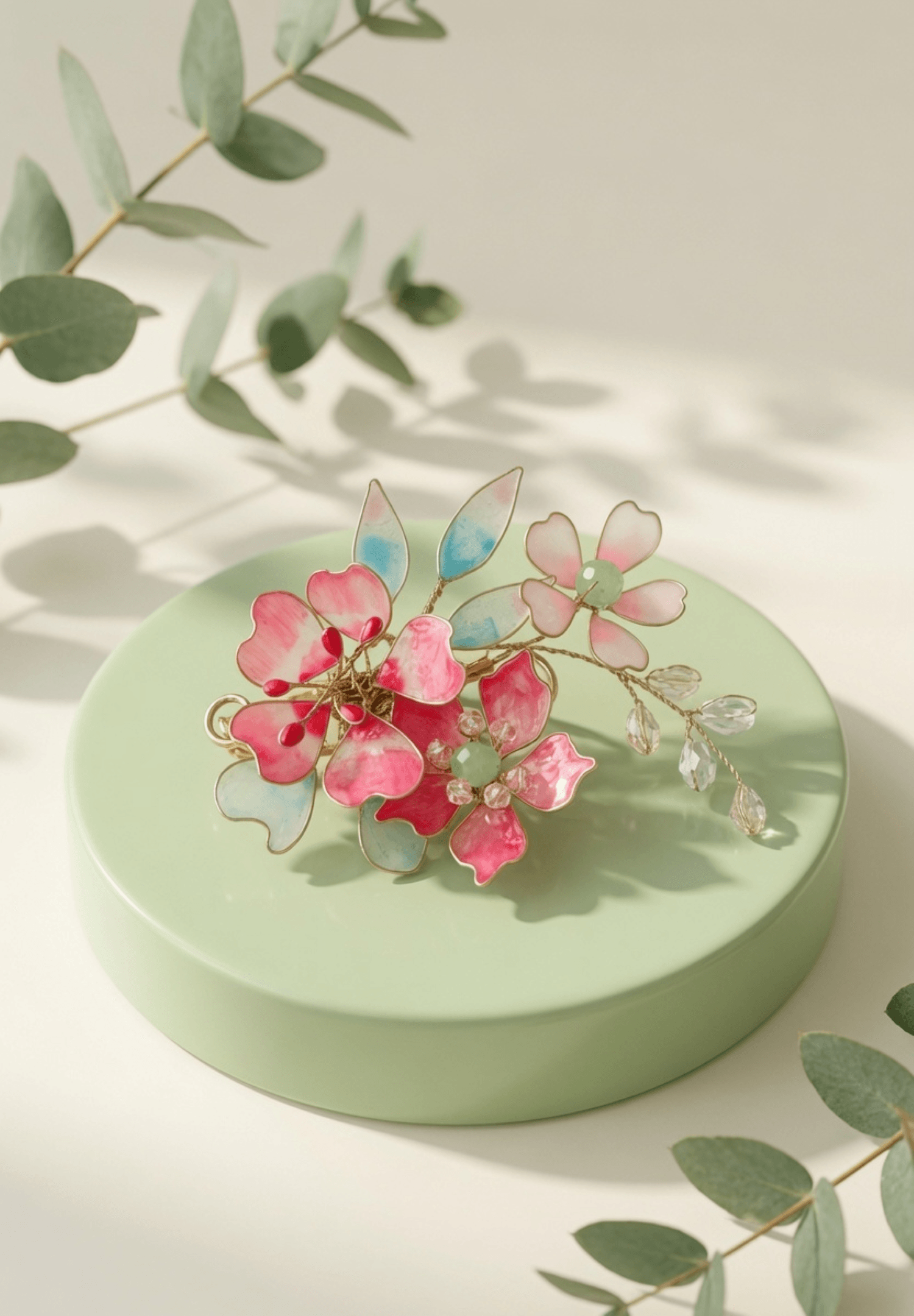 Handmade resin jewellery hair accessory in sky blue and pink, floral design for wedding, haldi or mehandi bun