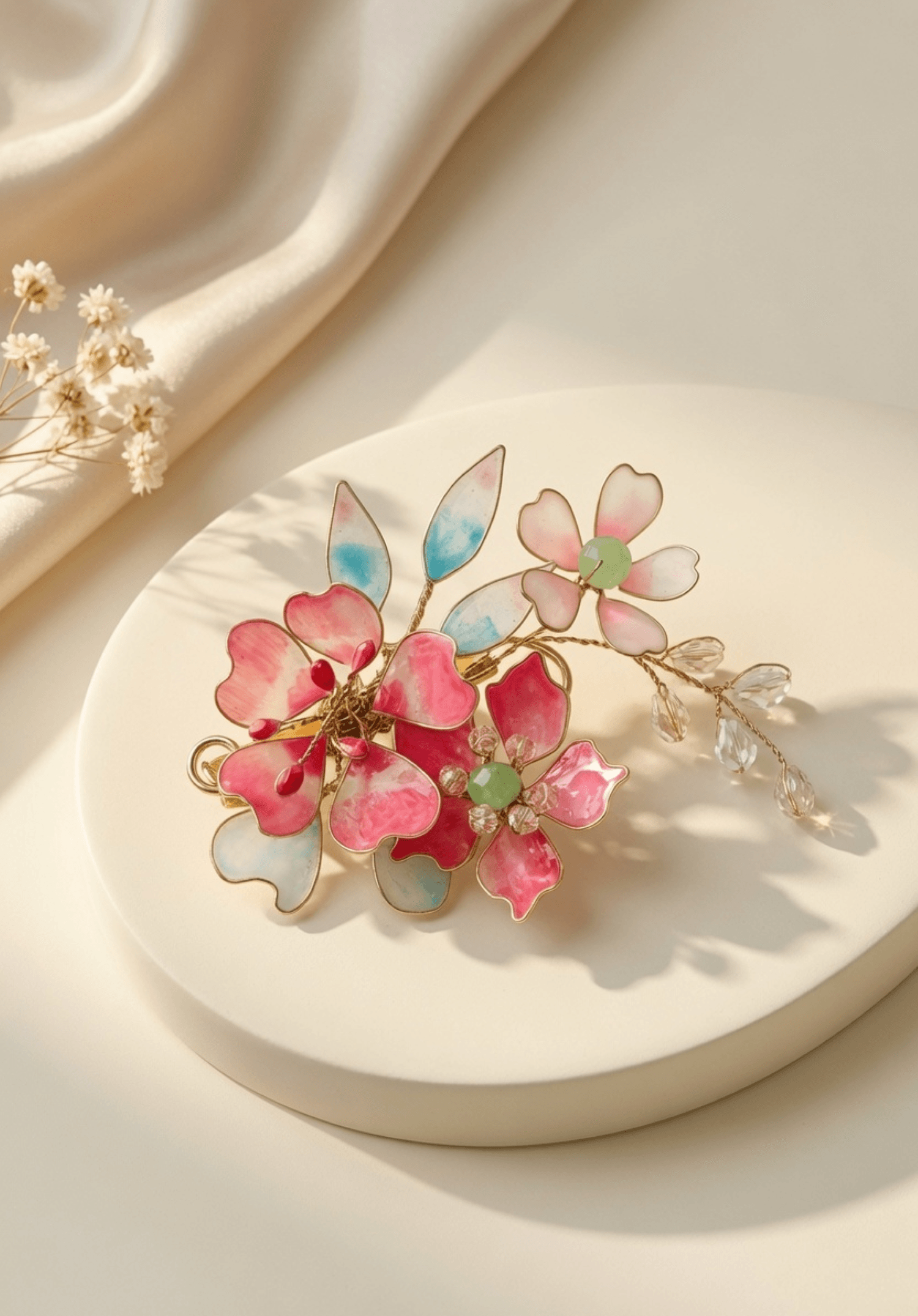Handmade resin jewellery hair accessory in sky blue and pink, floral design for wedding, haldi or mehandi bun