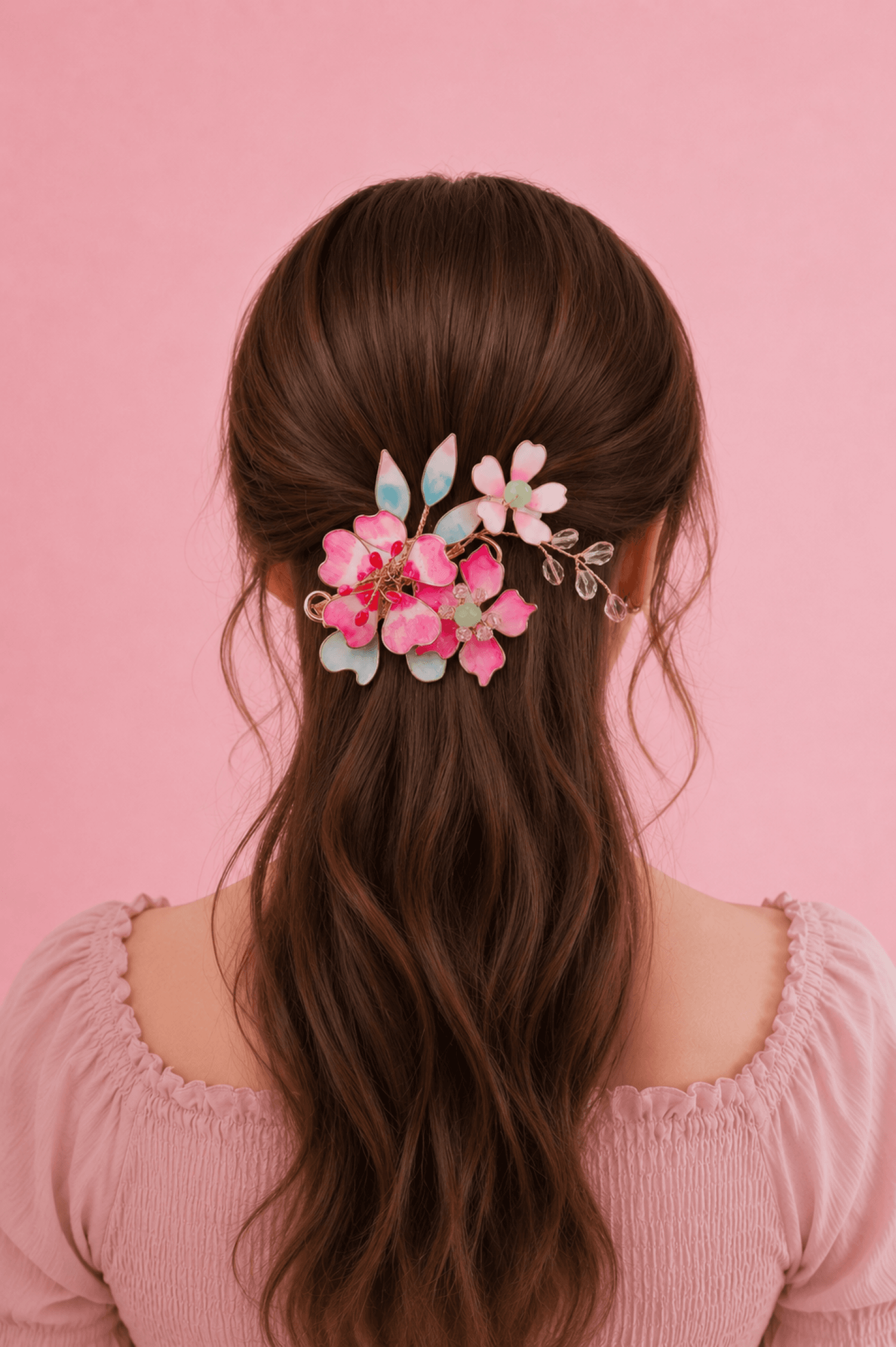 Handmade resin jewellery hair accessory in sky blue and pink, floral design for wedding, haldi or mehandi bun