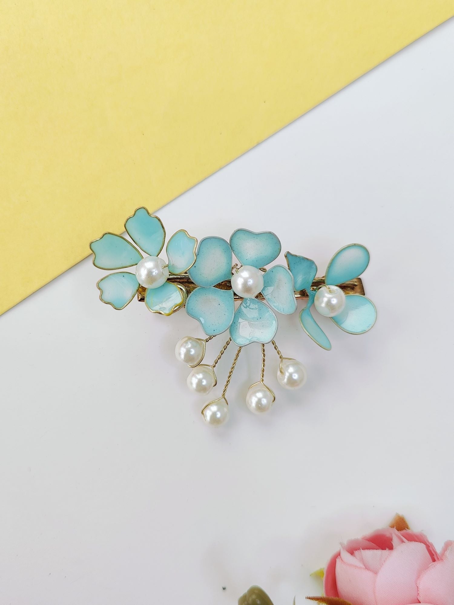 Handmade skyblue resin floral hair pin, trending wedding accessory for Indian brides, perfect for haldi or engagement
